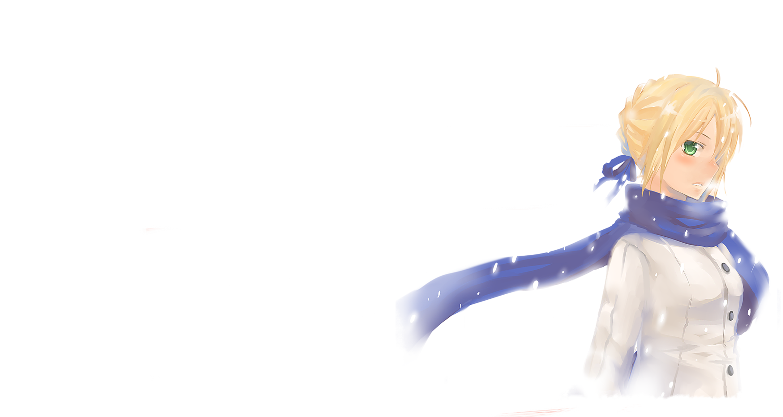 kurot, artoria pendragon (fate), saber (fate), fate/stay night, fate (series), highres, 00s, 1girl, ahoge, blonde hair, blue scarf, female focus, green eyes, hair ribbon, official alternate costume, ribbon, scarf, snow, solo, transparent background, winter clothes