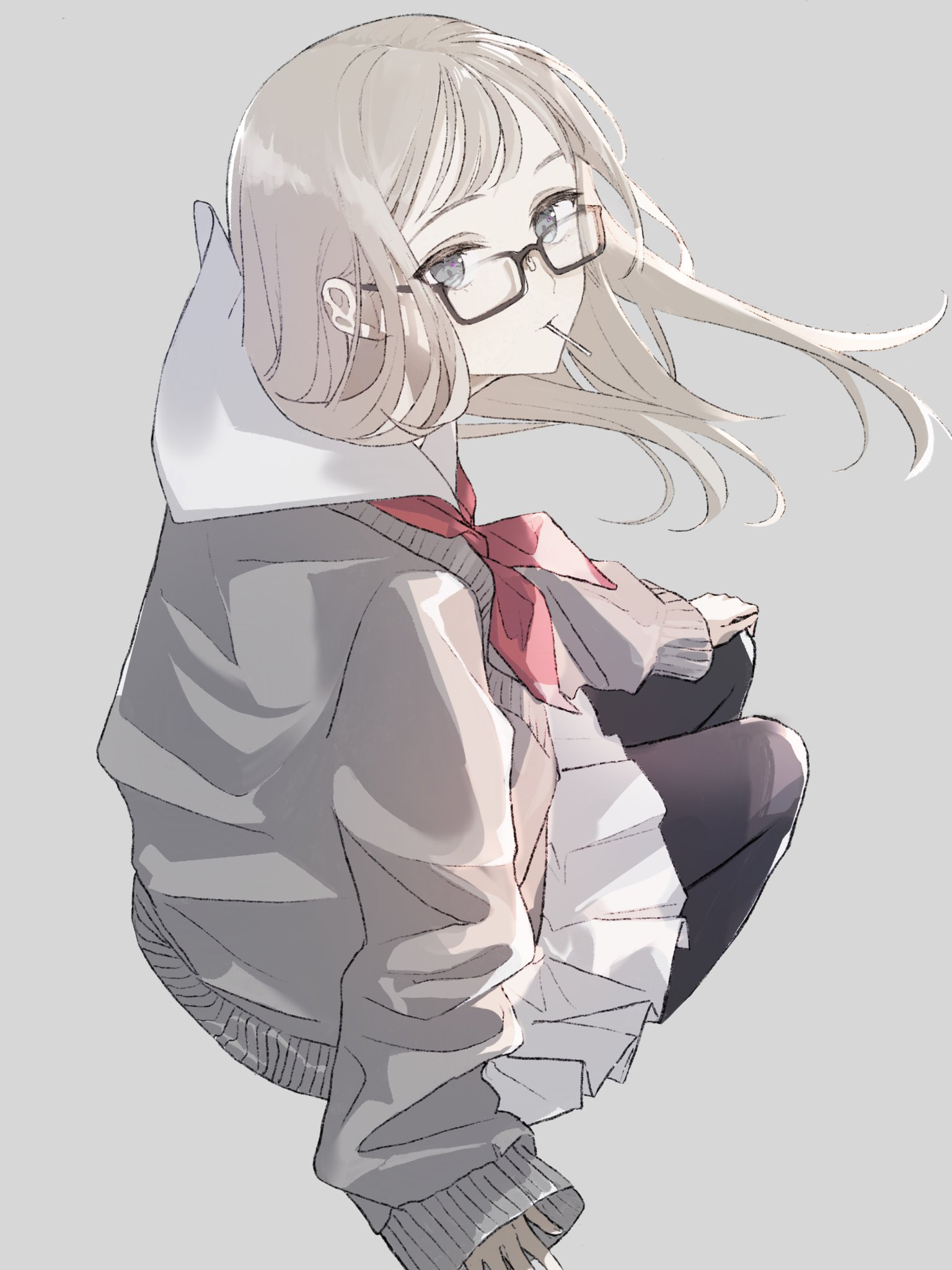 noanoa-iroha, original, commentary, english commentary, highres, 1girl, black pantyhose, blonde hair, glasses, green eyes, grey background, long hair, looking at viewer, neckerchief, pantyhose, red neckerchief, school uniform, shirt, white shirt