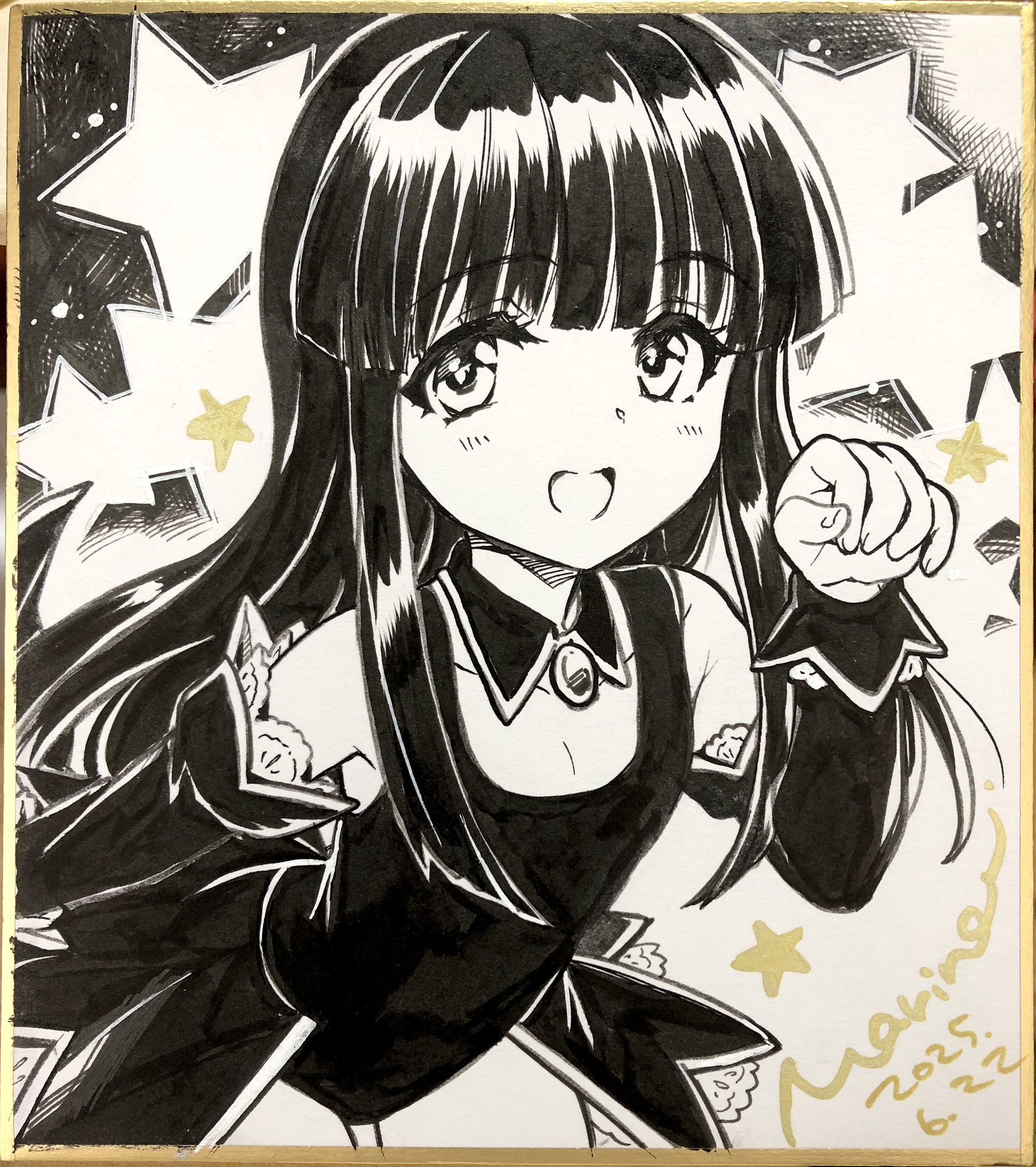 marine (confeitokobo), furude rika, higurashi no naku koro ni, commentary request, highres, traditional media, 1girl, :d, arm behind back, bare shoulders, blush, cowboy shot, dated, detached collar, detached sleeves, greyscale, hand up, leotard, long hair, long sleeves, looking at viewer, monochrome, open mouth, shikishi, signature, smile, solo, star (symbol)