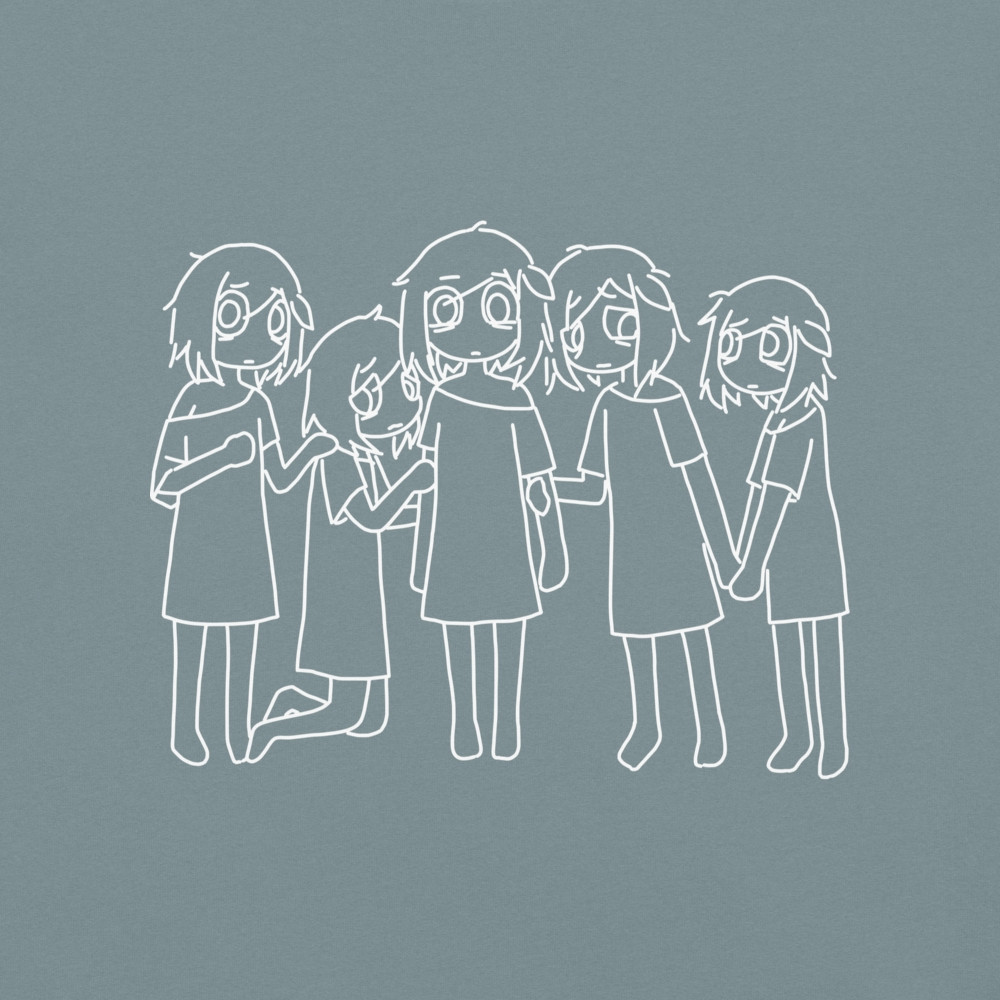 mentha (menthalovely), original, 5girls, bags under eyes, bare shoulders, clone, closed mouth, grey background, hand on another's shoulder, holding another's arm, holding hands, kneeling, looking at another, multiple girls, off-shoulder shirt, off shoulder, shirt, short hair, simple bird, standing