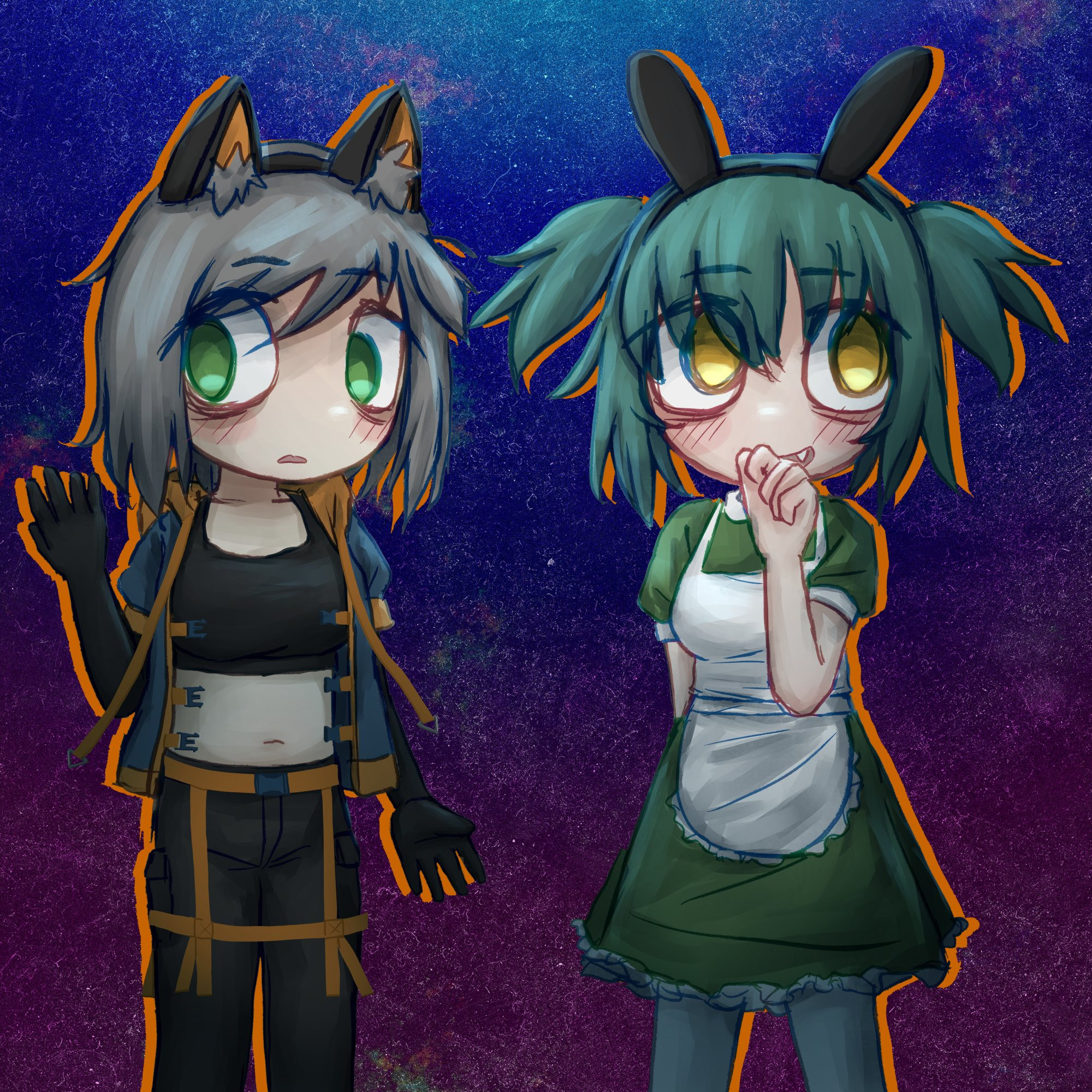 mentha (menthalovely), mint (menthalovely), original, commission, 2girls, animal ear fluff, animal ears, apron, aqua hair, arm behind back, bags under eyes, black gloves, black pants, blue background, blue jacket, borrowed character, breasts, dress, elbow gloves, fake animal ears, fang, frilled apron, frills, gloves, gradient background, green dress, green eyes, grey hair, hairband, jacket, large breasts, looking to the side, midriff, multiple girls, navel, open mouth, orange outline, orange trim, outline, pants, puffy short sleeves, puffy sleeves, purple background, rabbit ears, short hair, short sleeves, short twintails, thighhighs, twintails, white apron, white thighhighs, wolf ears, yellow eyes