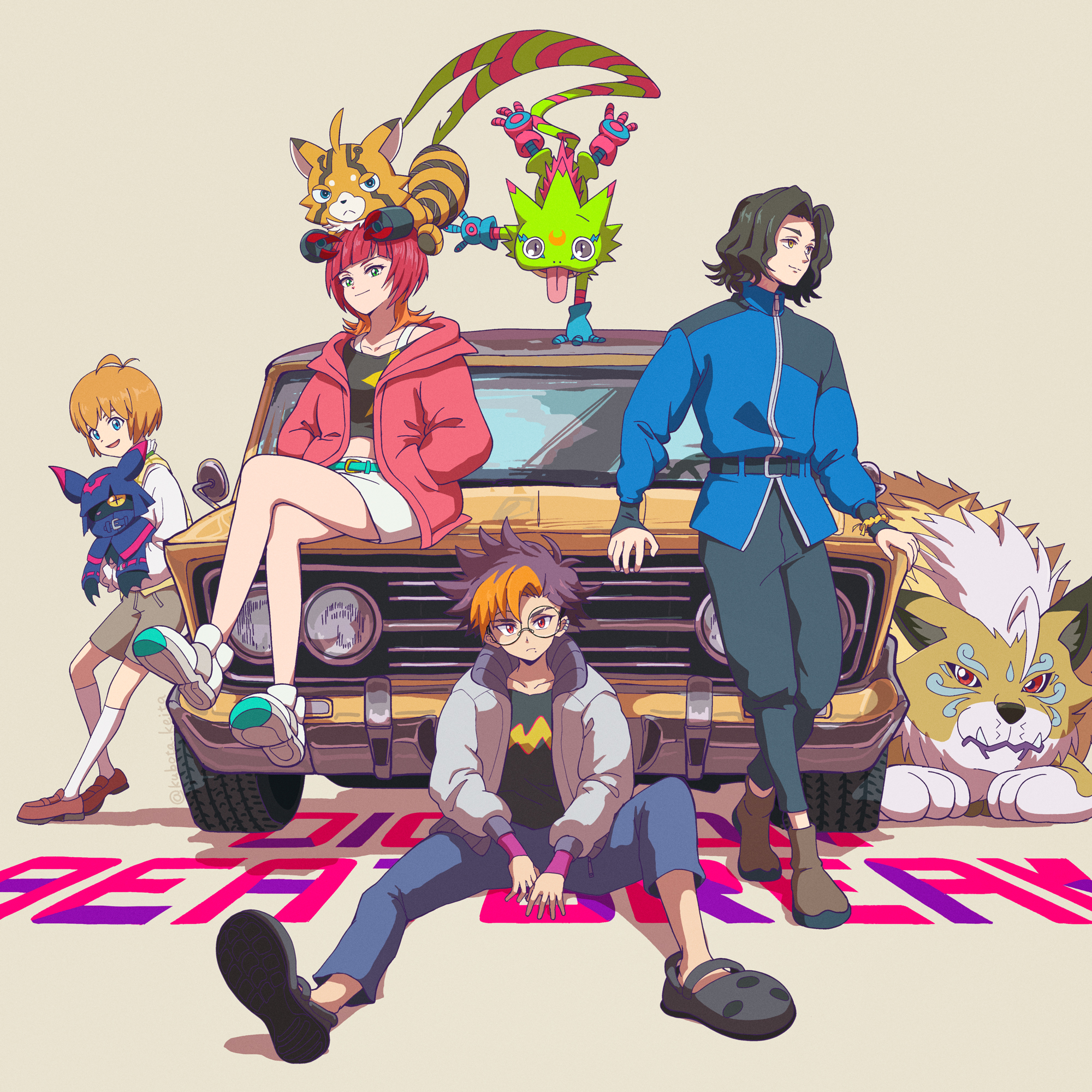 kubota keita, chiropmon, gekkomon, kuonji makoto, pristimon, sakuya reina, sawashiro kyo, tenma tomoro, digimon, digimon beatbreak, cougarmon, digimon (creature), gloves, looking at viewer, sitting, smile