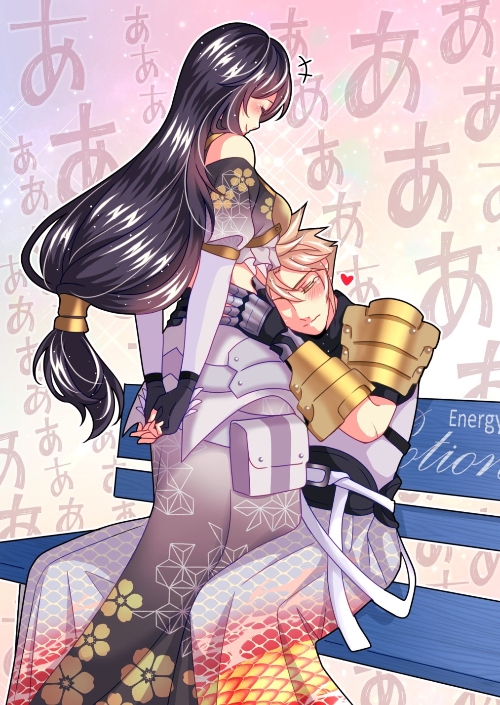 babigonice, cloud strife, tifa lockhart, final fantasy, final fantasy vii, final fantasy vii: ever crisis, commentary request, highres, +++, 1boy, 1girl, armor, arms behind back, bare shoulders, belt, bench, black gloves, black hair, blonde hair, blush, breasts, closed eyes, closed mouth, couple, cropped shirt, feathers, feet out of frame, fingerless gloves, floral print, gloves, hands on another's waist, head on another's stomach, heart, hetero, hug, japanese clothes, kimono, large breasts, long hair, long skirt, low-tied long hair, off-shoulder shirt, off shoulder, official alternate costume, on bench, print skirt, samurai, sash, shirt, shoulder armor, sitting, skirt, smile, sparkle, spiked hair, standing, white feathers