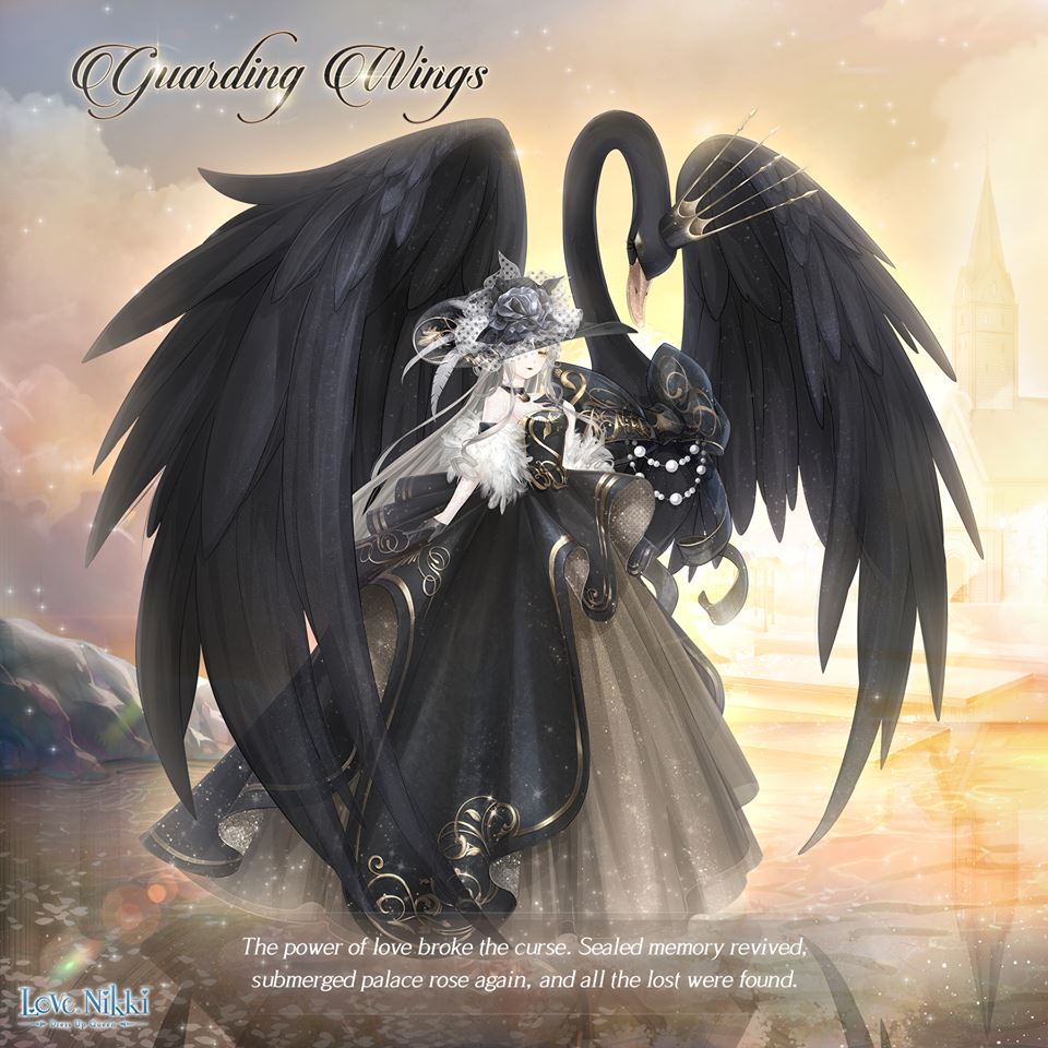 miracle nikki, nikki (series), artist request, official art, third-party source, 1girl, animal, backlighting, bare shoulders, bird, black choker, black dress, black gloves, black hat, black lips, black swan (bird), brown dress, castle, character name, choker, closed mouth, cloud, copyright logo, dawn, day, dress, english text, expressionless, eyeshadow, flower, full body, fur shawl, gloves, gown, grey eyes, grey flower, grey hair, guarding wings (miracle nikki), half-closed eyes, hat, hat feather, hat flower, lake, layered dress, light particles, lipstick, logo, long dress, long hair, makeup, mascara, outdoors, oversized animal, pale skin, pendant choker, pleated dress, shadow, shawl, solo, sparkle, standing, standing on liquid, strapless, strapless dress, sun hat, sunlight, swan, very long hair, wavy hair, white shawl, wide brim, yellow eyeshadow