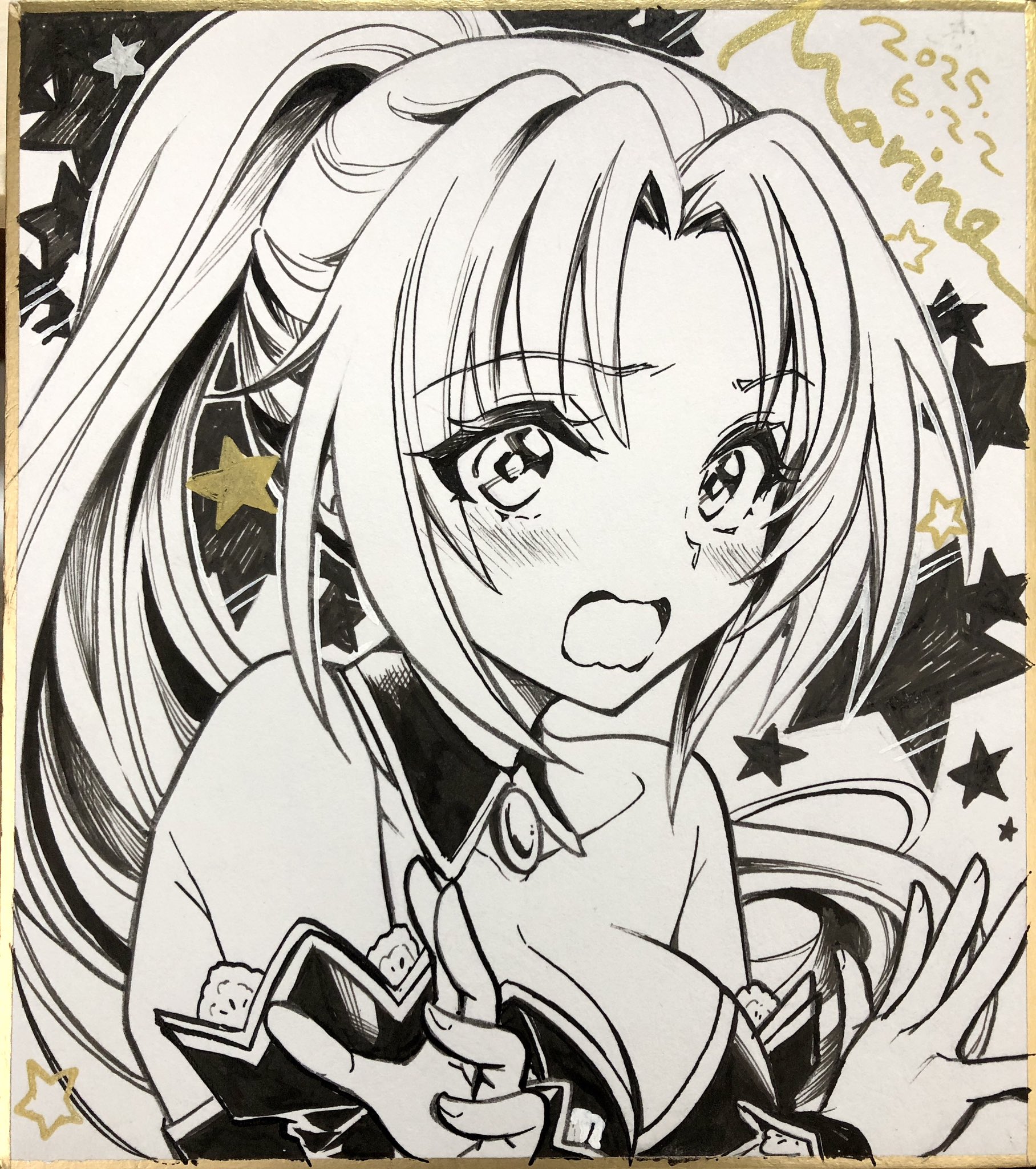 marine (confeitokobo), sonozaki mion, higurashi no naku koro ni, commentary request, highres, traditional media, 1girl, bare shoulders, blush, breasts, cleavage, collarbone, dated, detached collar, detached sleeves, greyscale, hands up, large breasts, leotard, long hair, long sleeves, monochrome, open mouth, parted bangs, ponytail, portrait, shikishi, signature, solo, star (symbol), strapless, strapless leotard