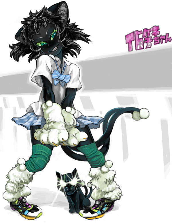 hoshi kubi, 1girl, animal ears, animal hands, black hair, black skin, bow, bowtie, cat ears, cat girl, cat paws, cat tail, colored eyelashes, colored skin, fangs, female focus, full body, green eyes, monster girl, school uniform, shoes, skirt, sneakers, solo, tail, thighhighs
