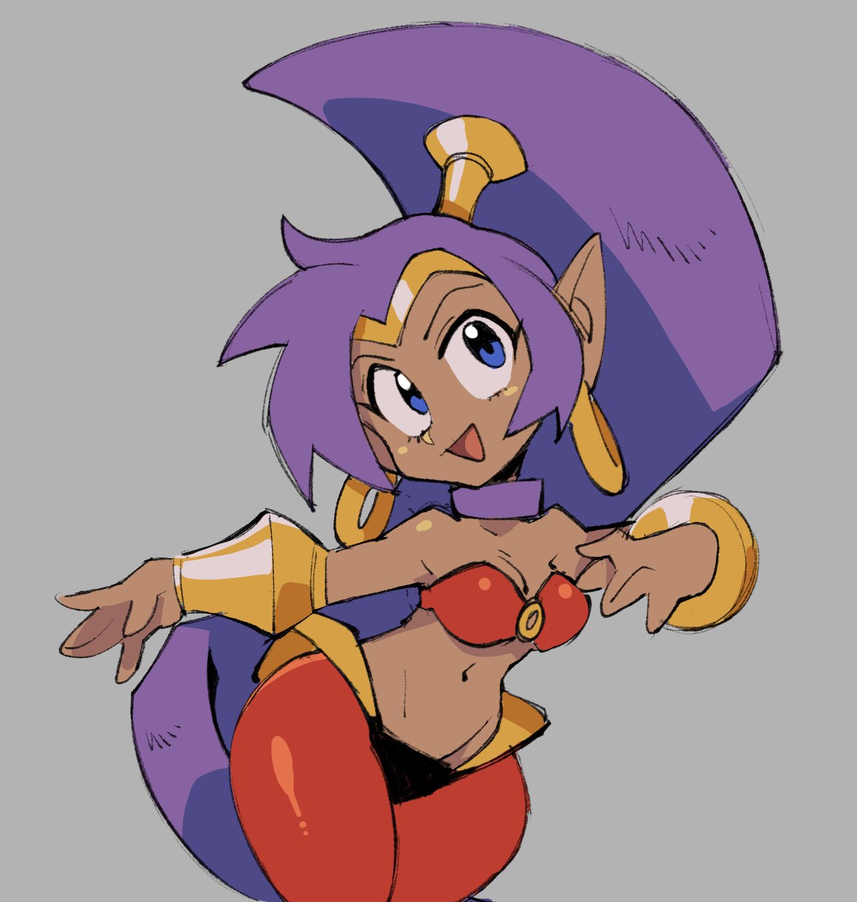 caliginousarts, shantae, shantae (series), highres, 1girl, arabian clothes, big hair, bikini, bikini top only, blue eyes, cowboy shot, curvy, dancer, dark-skinned female, dark skin, earrings, gold bracer, gold earrings, hands up, harem pants, high ponytail, hoop earrings, jewelry, navel, o-ring, o-ring top, open mouth, pants, pointy ears, ponytail, purple hair, red bikini, smile, solo, strapless, strapless bikini, swimsuit, wide hips