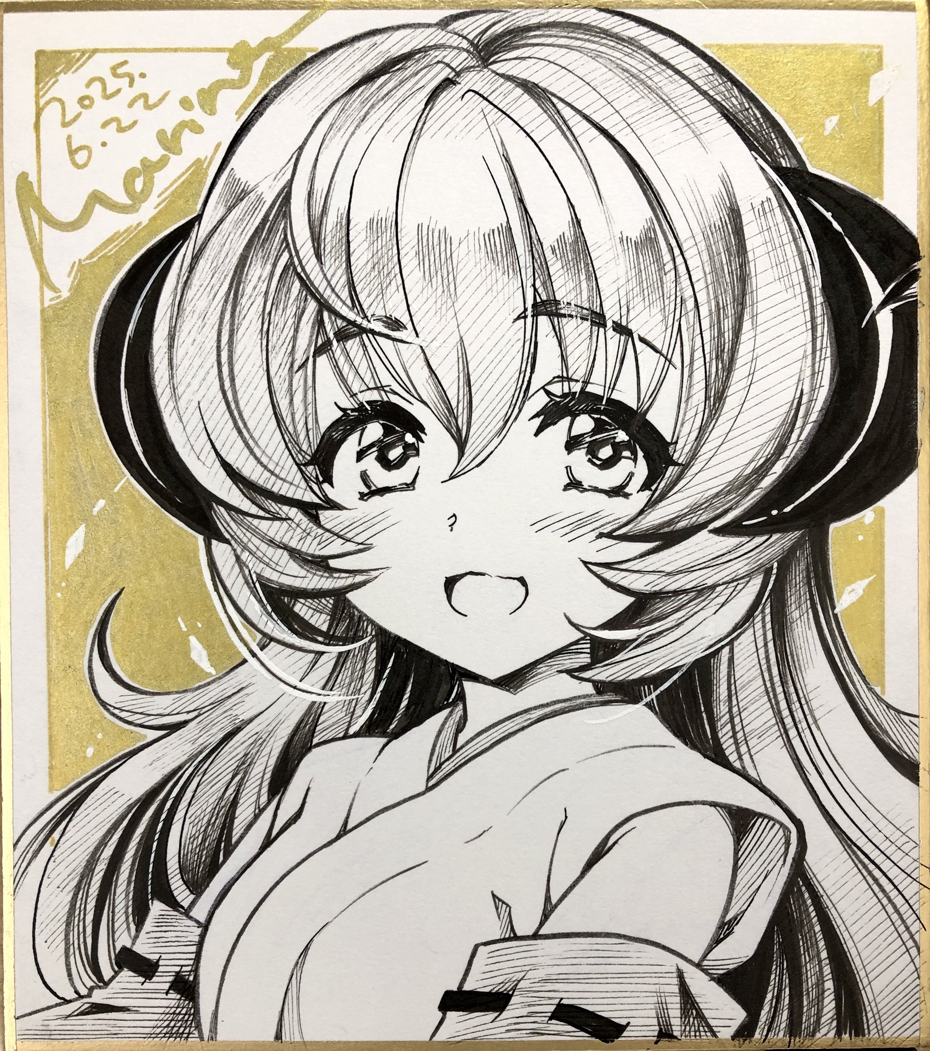 marine (confeitokobo), hanyuu, higurashi no naku koro ni, commentary request, highres, traditional media, 1girl, :d, bare shoulders, blush, dated, detached sleeves, greyscale, hair between eyes, horns, japanese clothes, kimono, long hair, looking at viewer, monochrome, open mouth, portrait, shikishi, signature, sleeveless, sleeveless kimono, smile, solo