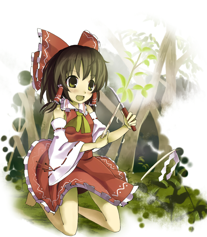 hidebo, hakurei reimu, touhou, bad id, bad pixiv id, 1girl, barefoot, bow, brown hair, detached sleeves, female focus, full body, gohei, hair bow, japanese clothes, miko, nature, plant, short hair, solo, white background, yellow eyes