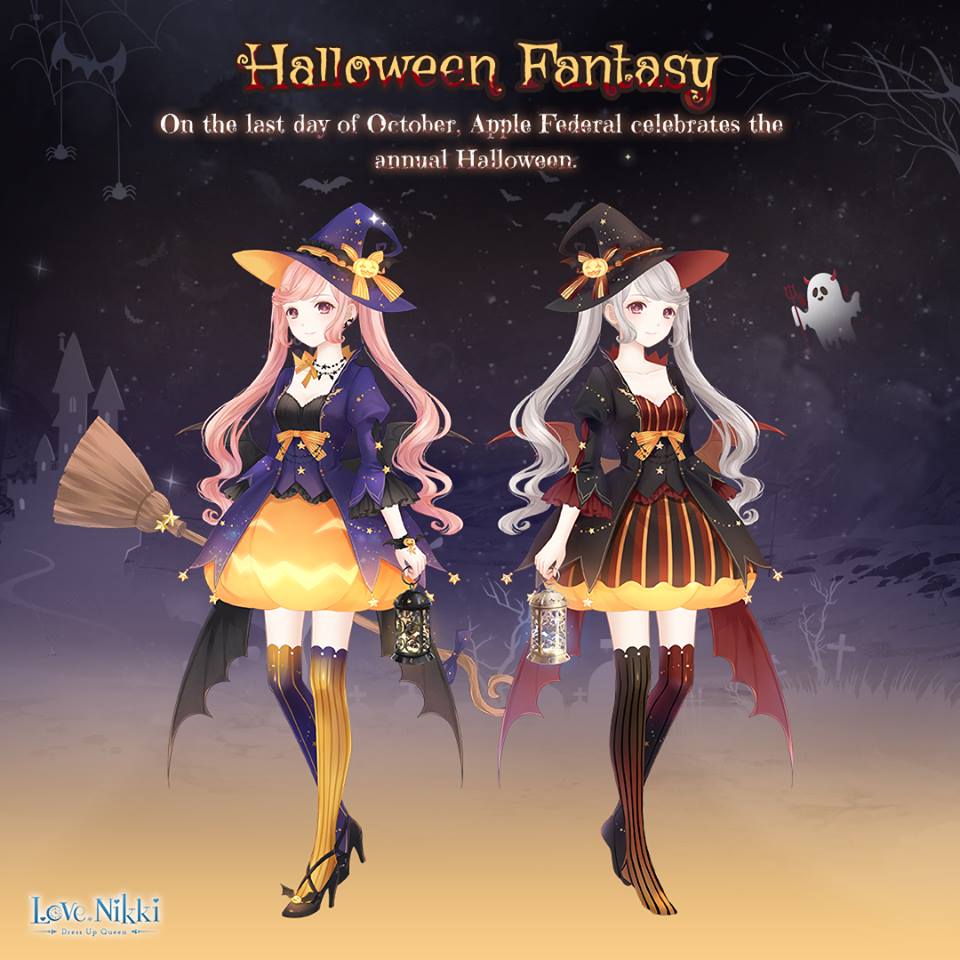 halloween fantasy (miracle nikki), miracle nikki, nikki (series), artist request, official art, third-party source, 2girls, bare tree, bat hat ornament, bat wings, black hat, black jacket, black shirt, black shoes, black thighhighs, black wings, bow, bracelet, broom, brown eyes, buttons, castle, closed mouth, cloud, coattails, corset, dot nose, eyelashes, frilled corset, frilled sleeves, frills, full body, ghost, gold buttons, gradient thighhighs, graveyard, grey hair, halloween, hat, hat bow, high heels, holding, holding broom, holding lantern, jack-o'-lantern hat ornament, jack-o'-lantern print, jacket, jewelry, juliet sleeves, lantern, light blush, long hair, long sleeves, looking at viewer, low wings, miniskirt, mismatched thighhighs, multicolored thighhighs, multiple girls, necklace, night, no shoes, official alternate color, open clothes, open jacket, orange bow, orange hat, orange skirt, orange thighhighs, outdoors, pink hair, print skirt, puffy sleeves, pumpkin skirt, purple corset, purple hat, purple jacket, red hat, red shirt, red skirt, red thighhighs, shirt, shoes, skirt, sky, smile, standing, star (sky), star (symbol), star button, starry sky, stiletto heels, striped clothes, striped shirt, striped skirt, striped thighhighs, swept bangs, tailcoat, tareme, thighhighs, tree, twintails, two-sided fabric, two-sided headwear, two-tone thighhighs, variations, vertical-striped clothes, vertical-striped shirt, vertical-striped skirt, vertical-striped thighhighs, very long hair, waist bow, wavy hair, wings, witch