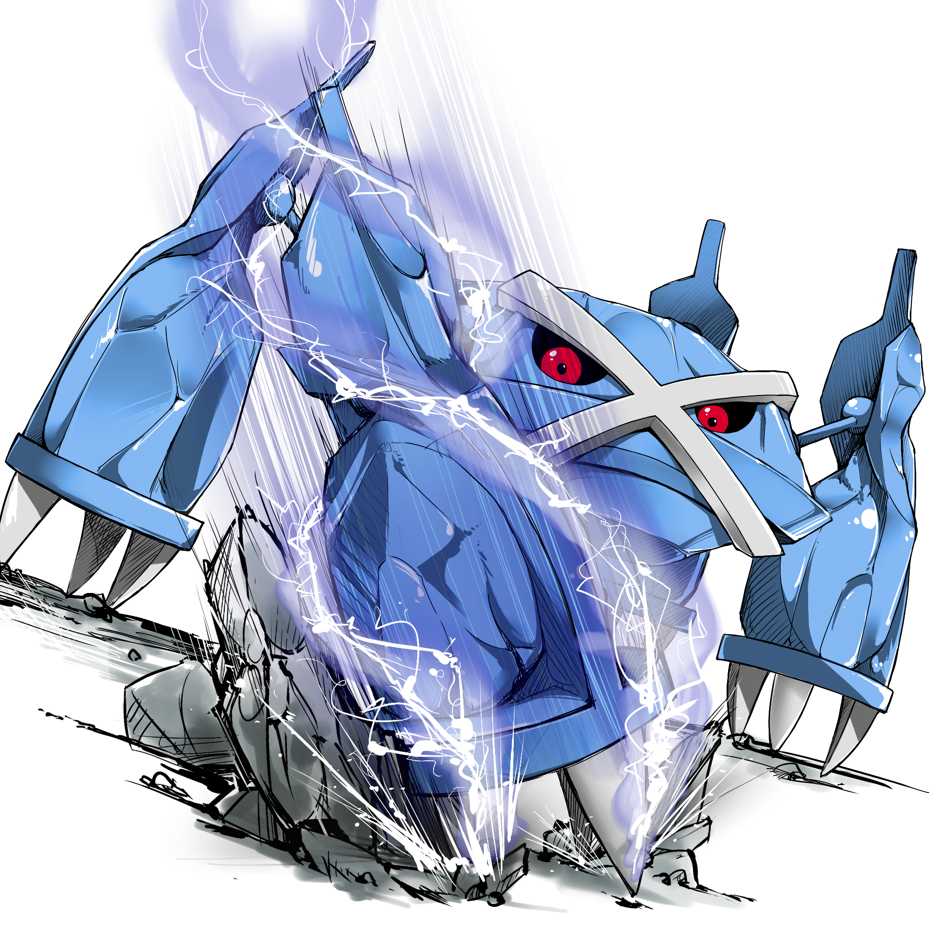 imao kiiru, metagross, nintendo, pokemon, highres, black sclera, breaking, claws, colored sclera, cross, crushing, dutch angle, energy, gen 3 pokemon, no humans, pokemon (creature), pokemon move, punching, red eyes, rock, sparks