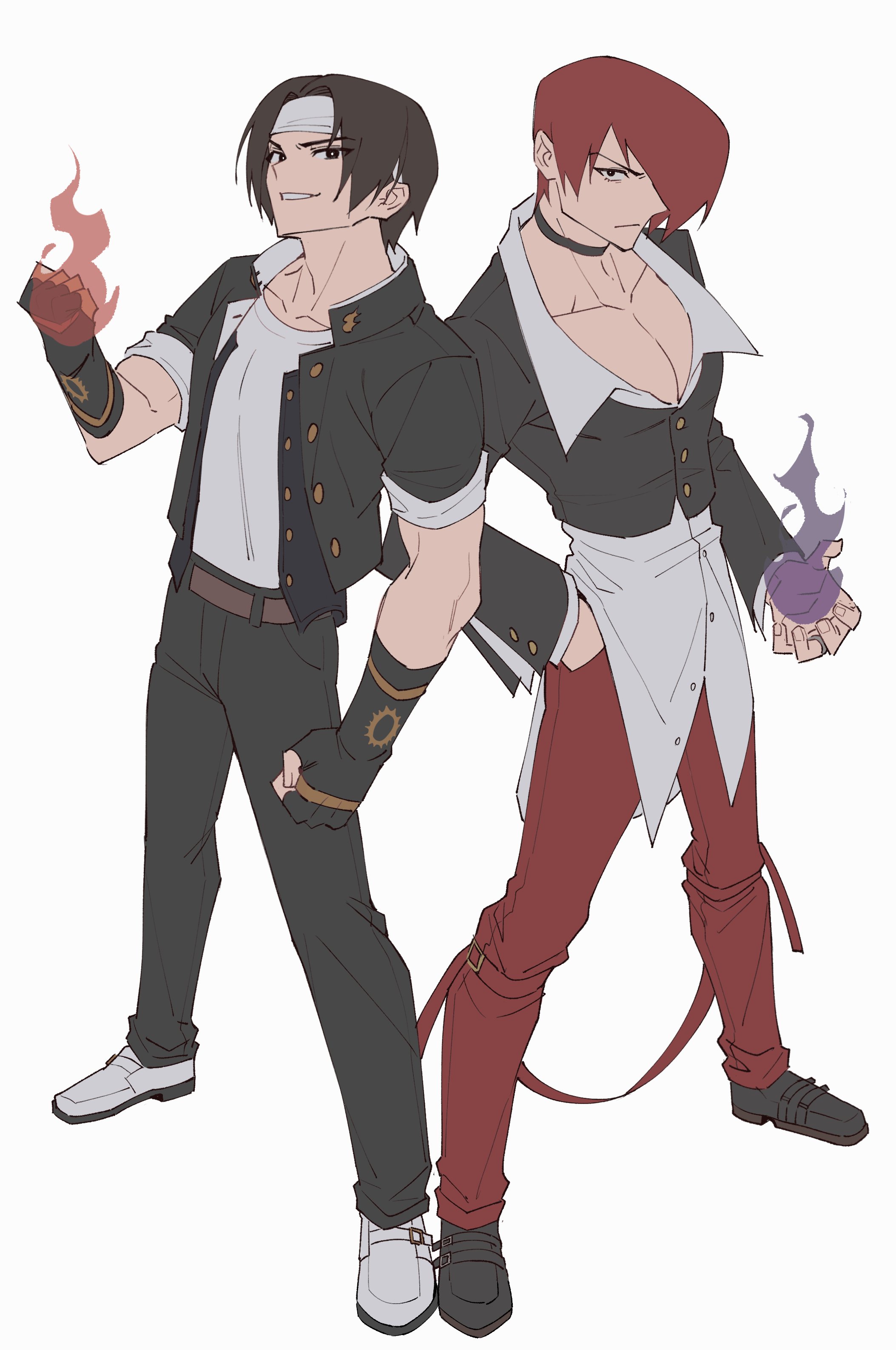 lvemhrd, kusanagi kyou, yagami iori, the king of fighters, absurdres, hashtag-only commentary, highres, 2boys, belt, black choker, black hair, black jacket, black pants, black shoes, bondage pants, brown belt, choker, clenched hands, collarbone, collared shirt, cropped jacket, fingerless gloves, fire, full body, gakuran, gloves, grin, hair over one eye, hand in pocket, headband, jacket, jewelry, loafers, looking at viewer, male focus, multiple boys, open clothes, open jacket, pants, pectoral cleavage, pectorals, purple fire, pyrokinesis, red hair, red pants, school uniform, shirt, shoes, short hair, simple background, smile, standing, white background, white headband, white shirt, white shoes