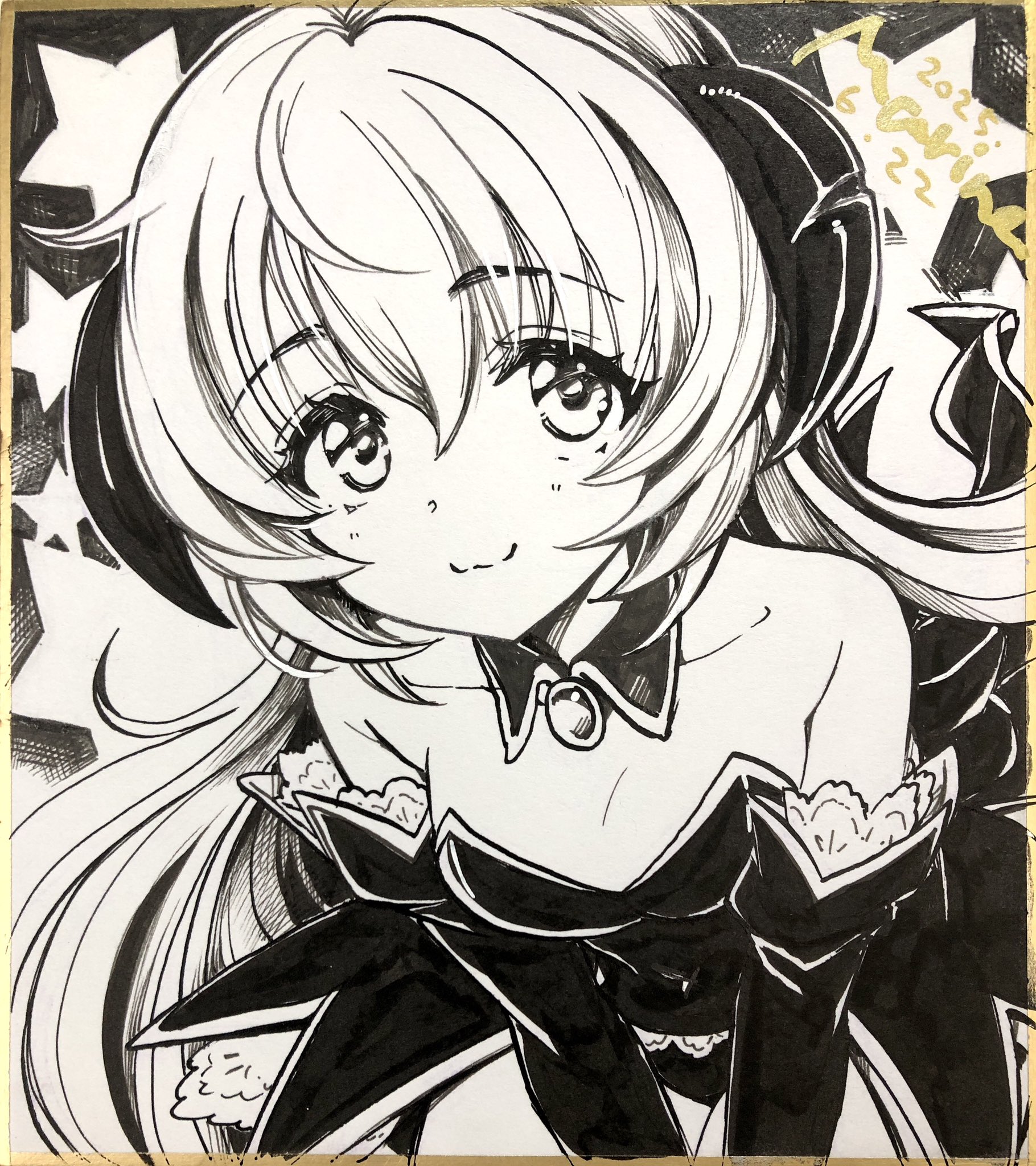 marine (confeitokobo), hanyuu, higurashi no naku koro ni, commentary request, highres, traditional media, 1girl, bare shoulders, breasts, closed mouth, cowboy shot, dated, detached collar, detached sleeves, greyscale, hair between eyes, horns, leotard, long hair, long sleeves, looking at viewer, medium breasts, monochrome, shikishi, signature, smile, solo, star (symbol), strapless, strapless leotard