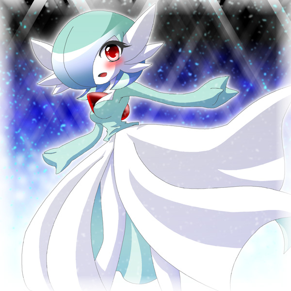 shiratsuki (royal moon), gardevoir, nintendo, pokemon, pokemon rse, 1girl, arms up, blush, breasts, female focus, gen 3 pokemon, green hair, hair over one eye, legs apart, looking at viewer, medium breasts, open mouth, outstretched arms, pokemon (creature), red eyes, short hair, smile, solo, standing