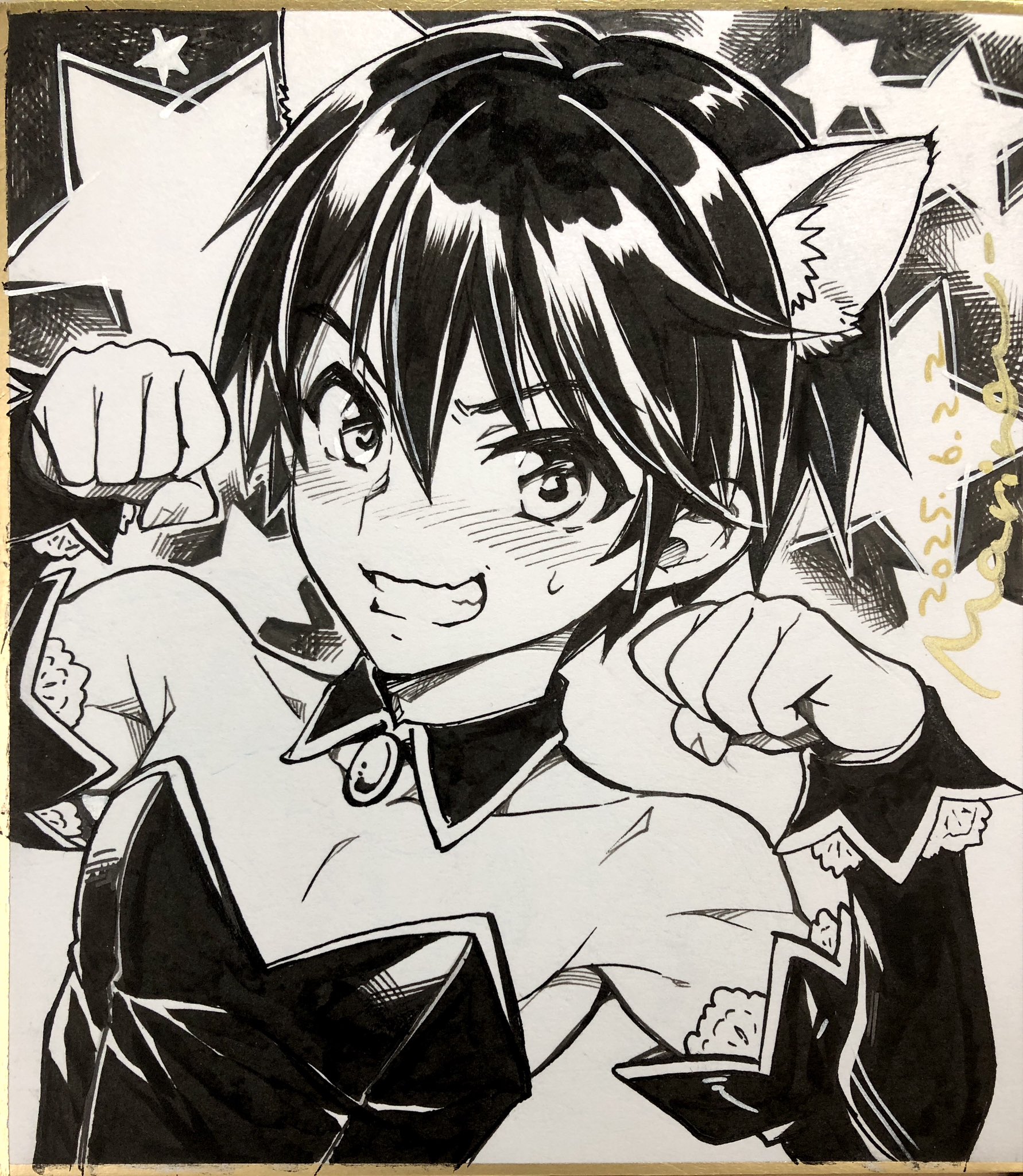 marine (confeitokobo), maebara keiichi, higurashi no naku koro ni, commentary request, highres, traditional media, 1boy, animal ear fluff, animal ears, bare shoulders, cat boy, cat ears, dated, detached collar, detached sleeves, greyscale, grin, hair between eyes, hands up, kemonomimi mode, leotard, long sleeves, looking at viewer, male focus, monochrome, paw pose, shikishi, short hair, signature, smile, solo, star (symbol), strapless, strapless leotard, sweatdrop, upper body