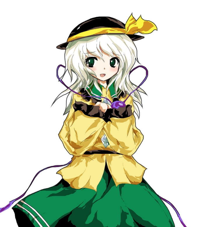 formless god, komeiji koishi, touhou, silver hair, 1girl, alphes (style), blush, female focus, green eyes, hat, hat ribbon, open mouth, parody, ribbon, solo, style parody, transparent background