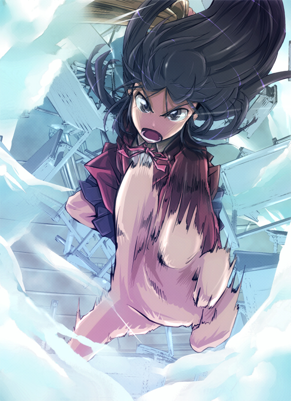 tanashi (mk2), kanou sumire, toradora!, 1girl, action, blue eyes, blue hair, cloud, desk, dutch angle, female focus, foreshortening, light trail, long hair, matching hair/eyes, motion blur, open mouth, parody, school uniform, shinai, solo, sword, weapon