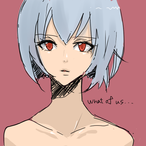 gyahun22, ayanami rei, neon genesis evangelion, bad id, bad pixiv id, lowres, 1girl, blue hair, close-up, completely nude, english text, female focus, nude, red eyes, short hair, simple background, sketch, solo