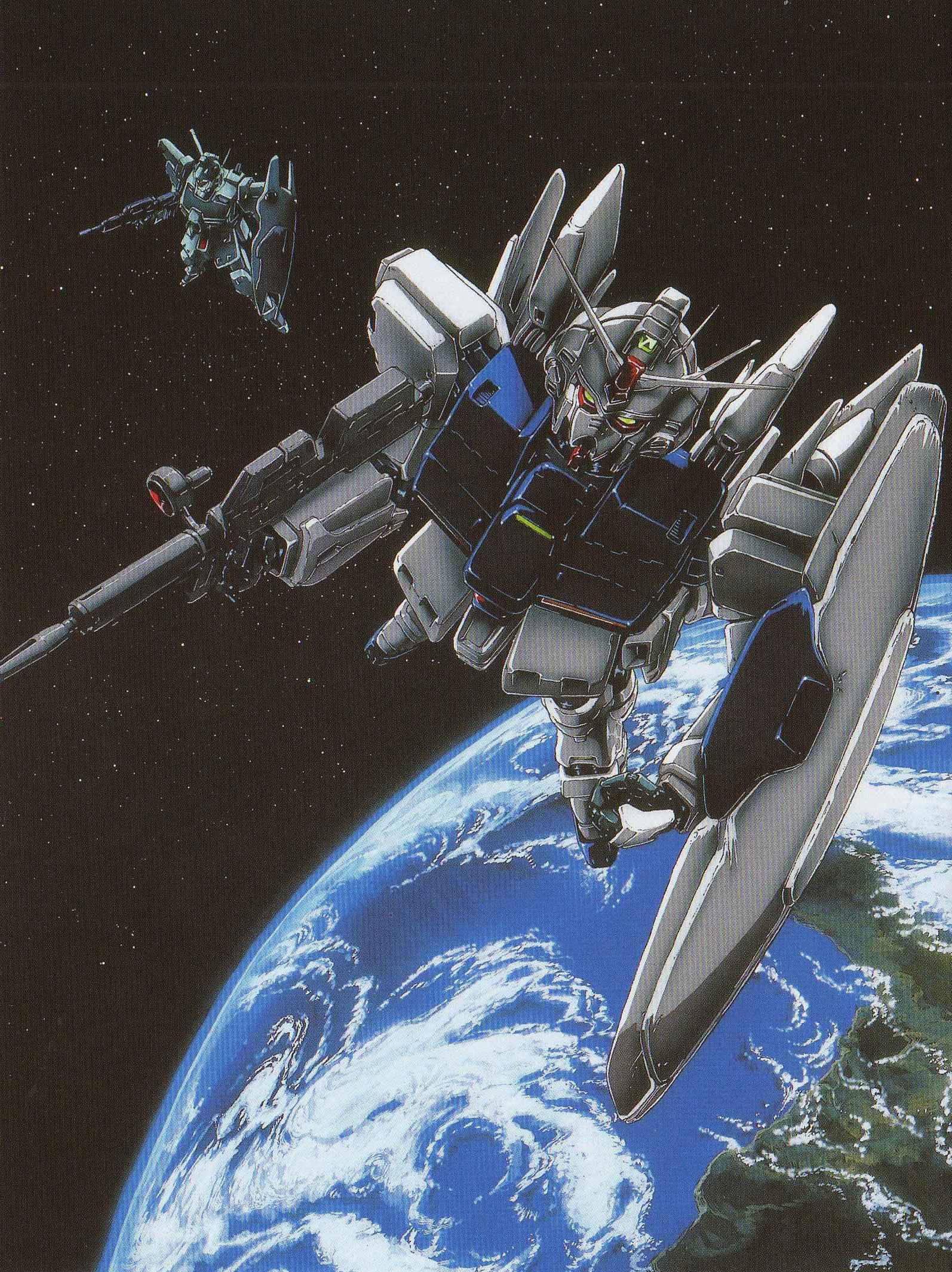 gm (mobile suit), gm custom, gundam gp-03 stamen, gundam, gundam 0083, highres, 1990s (style), beam rifle, earth (planet), energy gun, gun, machine gun, mecha, planet, retro artstyle, robot, shield, space, weapon