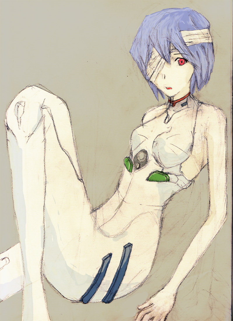 yuutaroo, ayanami rei, neon genesis evangelion, traditional media, 1girl, bandage over one eye, bandages, bare shoulders, blue hair, bodysuit, breasts, eyepatch, female focus, leg up, mecha pilot suit, open mouth, pale skin, plugsuit (evangelion), red eyes, short hair, sitting, sketch, sleeveless, solo