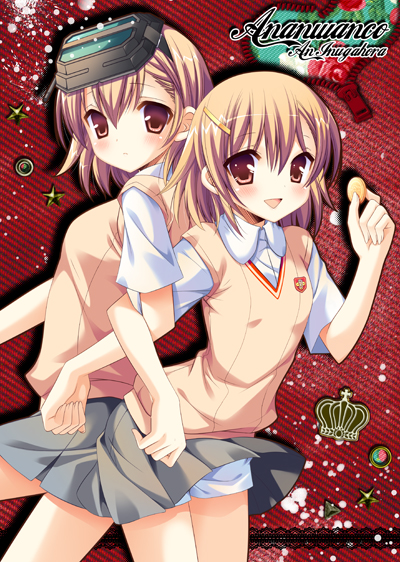 inugahora an, misaka imouto, misaka mikoto, toaru kagaku no railgun, toaru majutsu no index, 00s, back-to-back, brown eyes, brown hair, coin, dual persona, head-mounted display, mask, school uniform, short hair, shorts