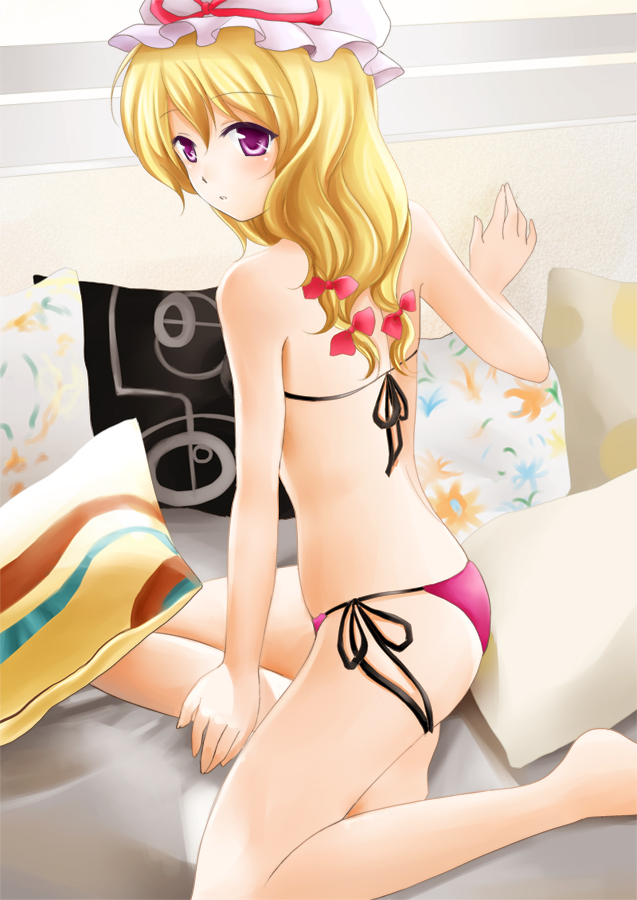 nikoo, yakumo yukari, touhou, bad id, bad pixiv id, 1girl, bad anatomy, bad feet, barefoot, bikini, blonde hair, feet, female focus, hat, long hair, looking back, pillow, poorly drawn, purple eyes, side-tie bikini bottom, solo, string bikini, swimsuit