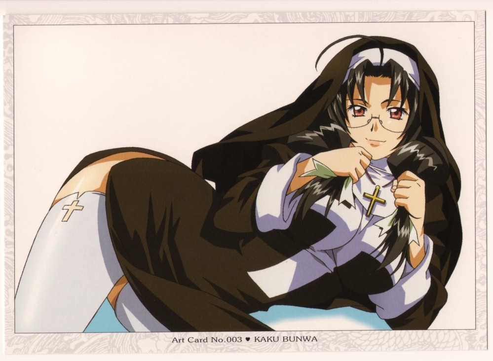 kaku bunwa, ikkitousen, habit, 00s, 1girl, ahoge, black hair, braid, breasts, brown eyes, cross, female focus, glasses, grey thighhighs, long hair, nun, solo, thighhighs, twin braids