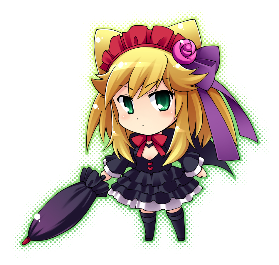 pure (artist), pure (kawamoto nami), hatori kanon, anyamal tantei kirumin zoo, 1girl, :/, bat wings, blonde hair, blush, chibi, closed umbrella, female focus, gothic lolita, green eyes, hairband, headdress, lolita fashion, solo, umbrella, wings