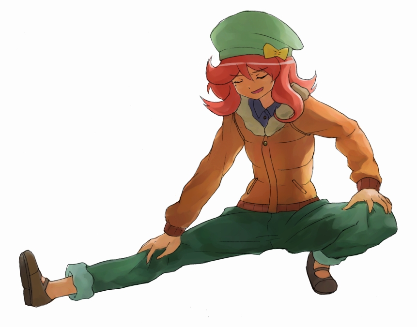 nyama, iwashita rumiko, anyamal tantei kirumin zoo, bad id, bad pixiv id, closed eyes, coat, exercising, full body, green hat, hat, manaita sensei, red hair, ribbon, solo, squatting, stretching