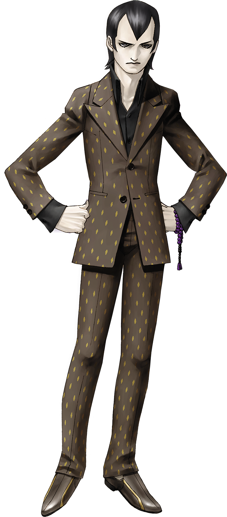 kazuma kaneko, hikawa (megami tensei), shin megami tensei, shin megami tensei iii: nocturne, highres, official art, third-party source, 1boy, beads, black hair, black shirt, brown jacket, brown pants, brown shoes, closed mouth, collared shirt, full body, grey eyes, jacket, loafers, nenju, pants, prayer beads, shirt, shoes, simple background, solo, standing, transparent background, widow's peak