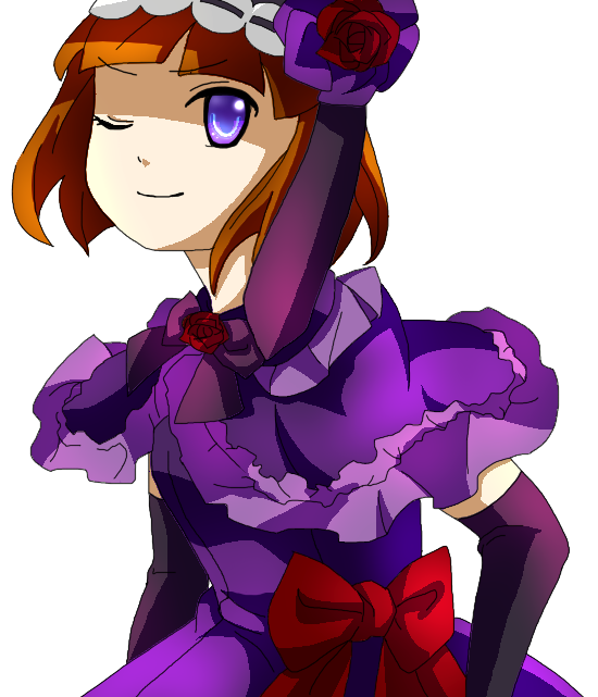 ecirtaeb, moeou, beatrice (umineko), eva beatrice, umineko no naku koro ni, 00s, 1girl, dress, elbow gloves, female focus, gloves, one eye closed, orange hair, purple eyes, short hair, simple background, smile, solo