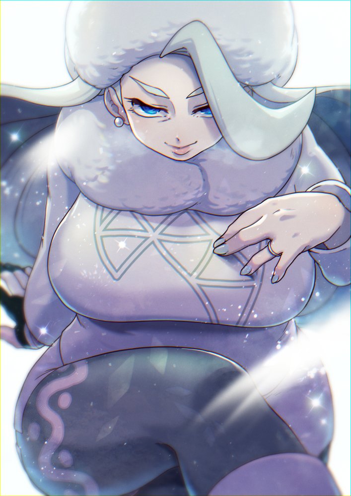 sumishiba (pixiv), melony (pokemon), nintendo, pokemon, pokemon swsh, commentary request, 1girl, alternate breast size (larger), arm support, blue eyes, breasts, crossed legs, earrings, fur collar, fur hat, gloves, half-closed eyes, hat, jewelry, large breasts, long hair, long sleeves, mature female, pantyhose, pantyhose under shorts, pearl earrings, plump, ring, shorts, side slit, side slit shorts, single glove, smile, solo, sweater, ushanka, wedding ring, white hat, white sweater
