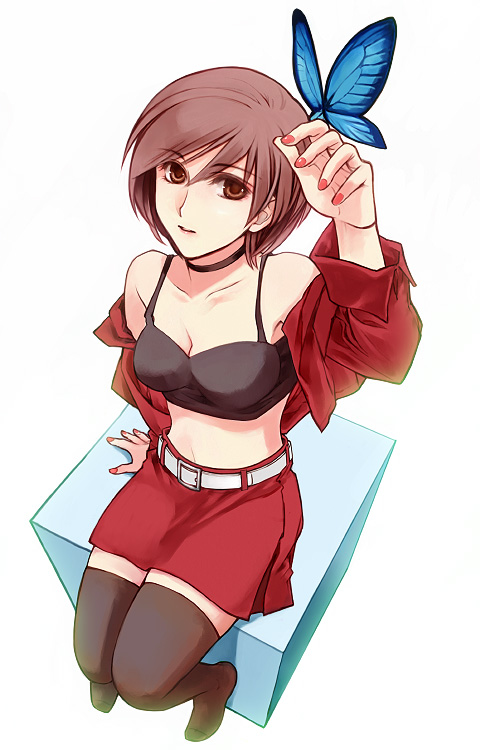 sorata, meiko (vocaloid), vocaloid, bad id, bad piapro id, 1girl, block (object), breasts, brown eyes, brown hair, bug, bustier, butterfly, cleavage, female focus, foreshortening, from above, full body, insect, lingerie, midriff, red skirt, short hair, simple background, skirt, socks, solo, thighhighs, underwear, white background, zettai ryouiki