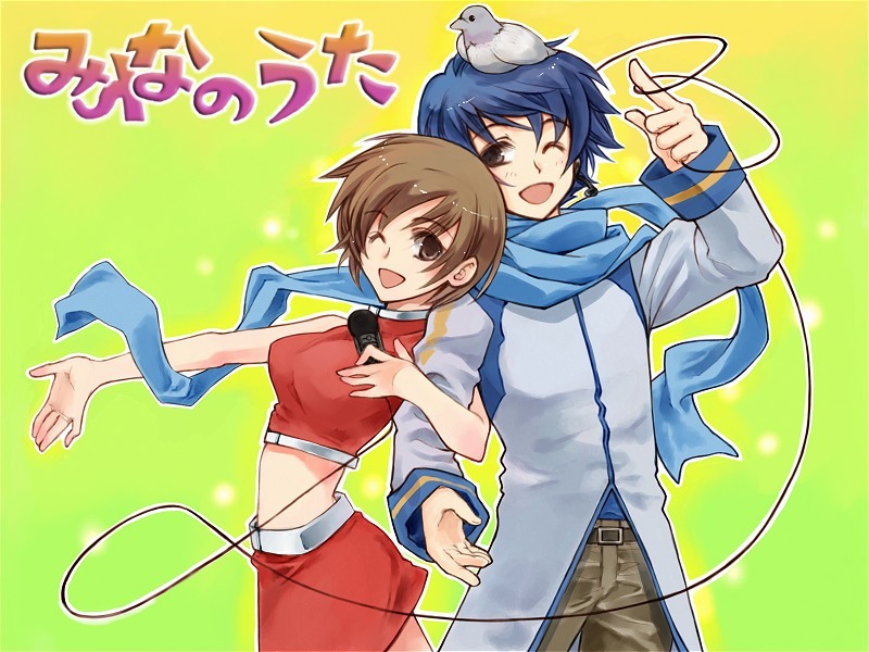 sorata, kaito (vocaloid), meiko (vocaloid), vocaloid, bad id, bad piapro id, 1boy, 1girl, animal, animal on head, bird, bird on head, blue hair, blue scarf, brown eyes, brown hair, microphone, midriff, on head, one eye closed, scarf, short hair, skirt, smile, wink