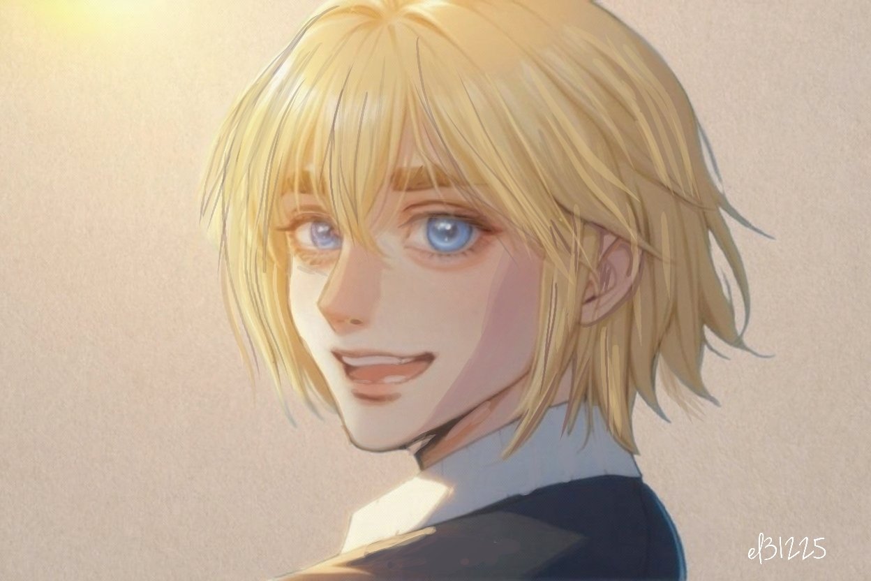 armin arlert, shingeki no kyojin, commentary, 1boy, black jacket, blonde hair, blue eyes, collared shirt, el31225, from side, gradient background, hair between eyes, jacket, looking at viewer, male focus, open mouth, portrait, shirt, short hair, solo, teeth, thick eyebrows, twitter username, upper body, upper teeth only, white shirt