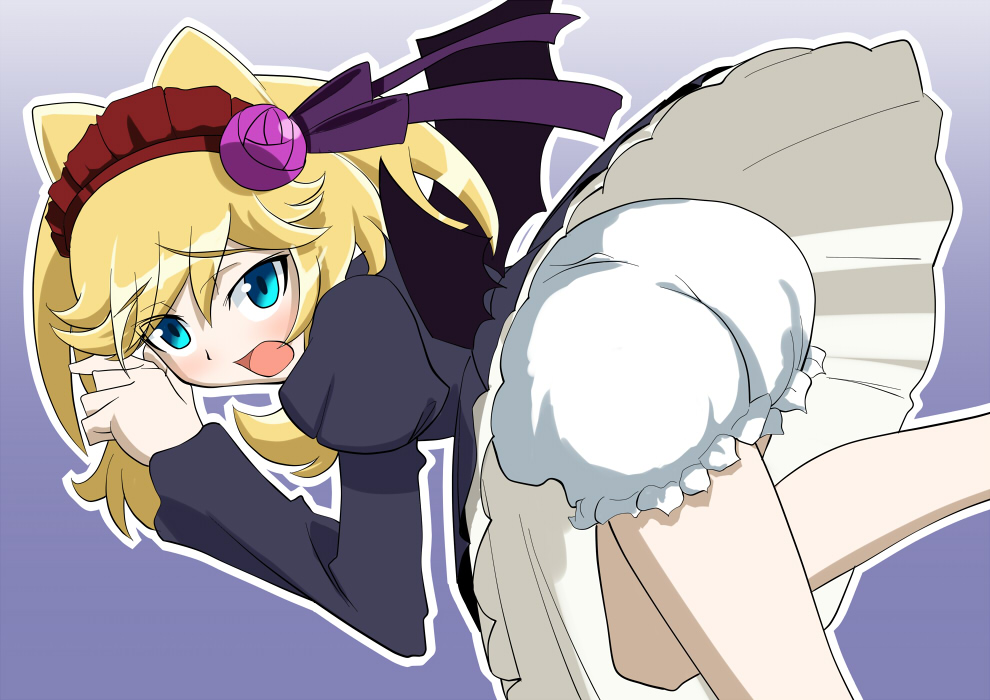 kayaku (banban), hatori kanon, anyamal tantei kirumin zoo, bad id, bad pixiv id, bat wings, blonde hair, bloomers, blue eyes, blush, gothic lolita, hairband, headdress, lolita fashion, open mouth, solo, surprised, underwear, wings