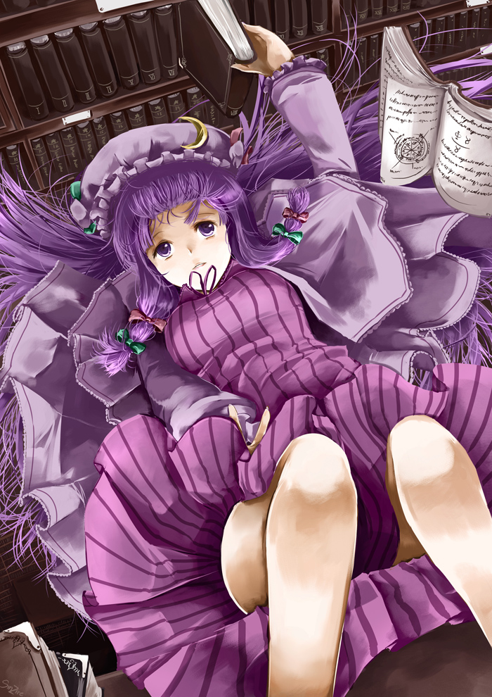 sinzire, patchouli knowledge, touhou, 1girl, book, bookshelf, bow, crescent, crescent moon, female focus, from above, hair bow, hat, library, long hair, moon, multiple hair bows, perspective, purple eyes, purple hair, solo, voile