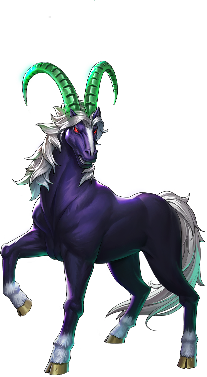 persona, persona 5, persona 5: the phantom x, shin megami tensei, artist request, commentary, english commentary, highres, official art, third-party source, bicorn (creature), bicorn (megami tensei), demon (megami tensei), full body, green horns, horns, no humans, red eyes, simple background, solo, transparent background, white mane
