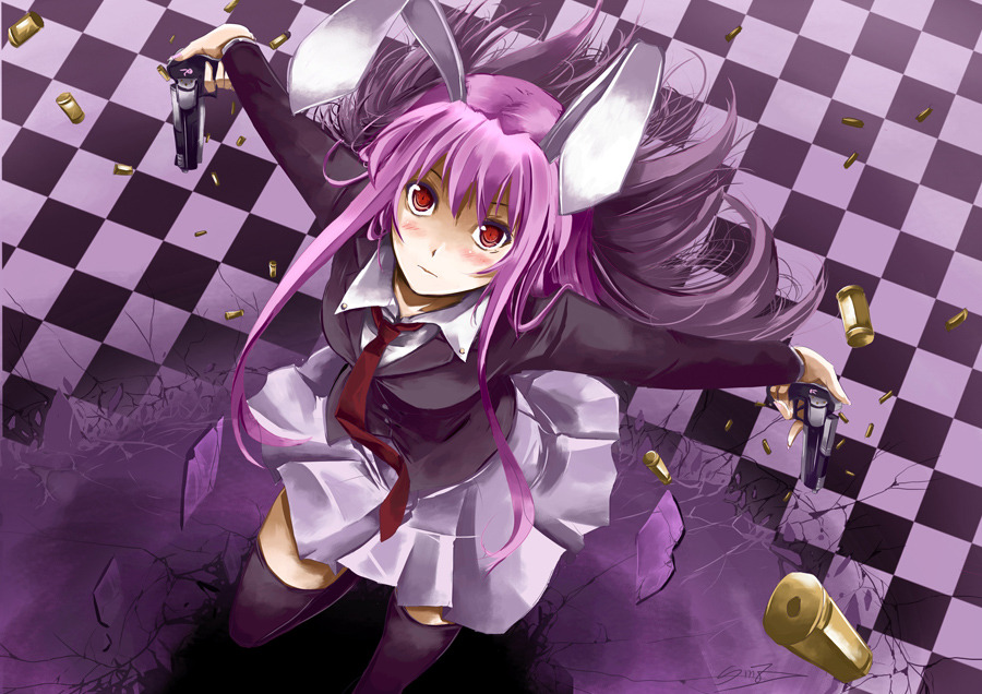 sinzire, reisen udongein inaba, touhou, 1girl, animal ears, blazer, blush, bullet, checkered floor, dual wielding, female focus, foreshortening, from above, gun, holding, jacket, long hair, necktie, purple hair, rabbit ears, red eyes, red necktie, shell casing, skirt, solo, thighhighs, weapon, zettai ryouiki