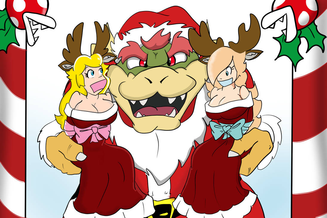 bowser, piranha plant, princess peach, rosalina, nintendo, 1boy, 2girls, bdsm, blonde hair, blue eyes, bondage, bound, breasts, candy, candy cane, christmas, claws, cleavage, crown, dress, evil grin, evil smile, fake beard, fake facial hair, food, gag, grin, hair over one eye, holding, horns, improvised gag, looking at another, looking at viewer, multiple girls, red hair, santa costume, santa dress, smile, tape, tape gag, tied up (nonsexual), witch