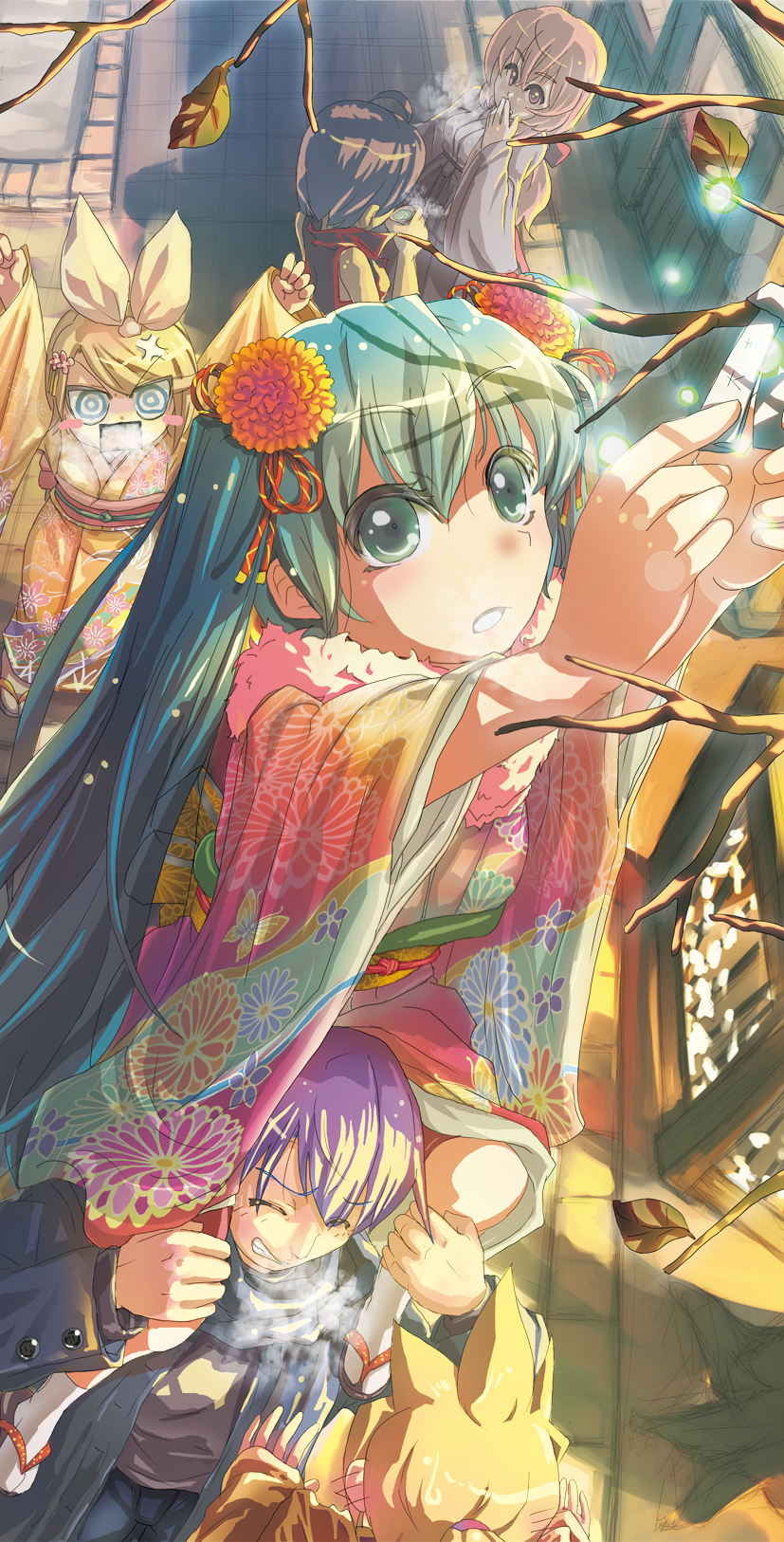 k2pudding, hatsune miku, kagamine len, kagamine rin, kaito (vocaloid), megurine luka, meiko (vocaloid), vocaloid, highres, 10s, 2010, 2boys, 4girls, @ @, angry, aqua eyes, aqua hair, blonde hair, blue hair, breath, brown hair, hair ornament, hair ribbon, hairclip, holding, japanese clothes, kimono, long hair, multiple boys, multiple girls, new year, pink hair, ribbon, scarf, short hair, twintails