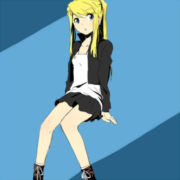 riru, winry rockbell, fullmetal alchemist, bad id, bad pixiv id, 00s, blonde hair, blue eyes, earrings, jacket, jewelry, ponytail, sitting, skirt, solo