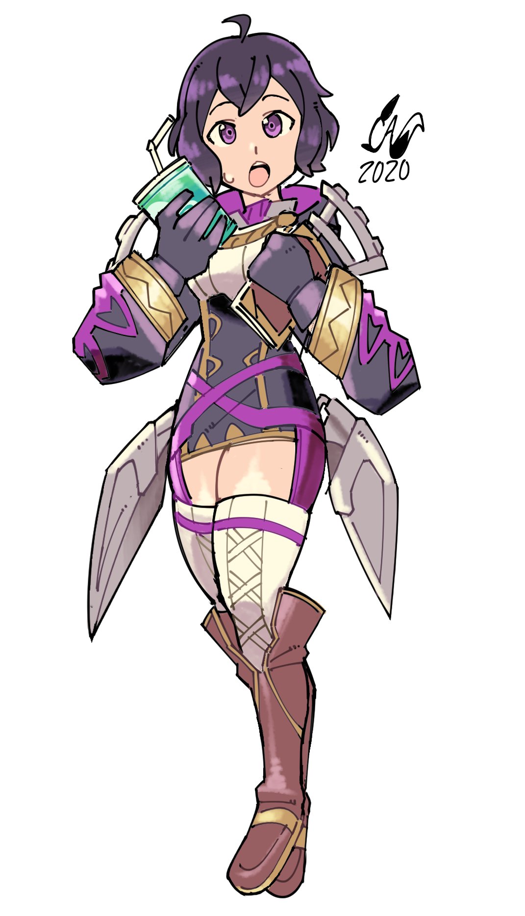 caliginousarts, female morgan (fire emblem), fire emblem, fire emblem awakening, fire emblem heroes, nintendo, commentary, english commentary, highres, 1girl, 2020, :o, ahoge, black dress, book, boots, breasts, brown boots, cup, disposable cup, dress, drink, drinking straw, eyes of grima, gloves, gold trim, hands up, holding, holding book, holding cup, holding drink, knee boots, long sleeves, looking at viewer, medium breasts, official alternate costume, open mouth, purple eyes, purple hair, short dress, short hair, sweatdrop, thick thighs, thighhighs, thighs, underbust, white thighhighs