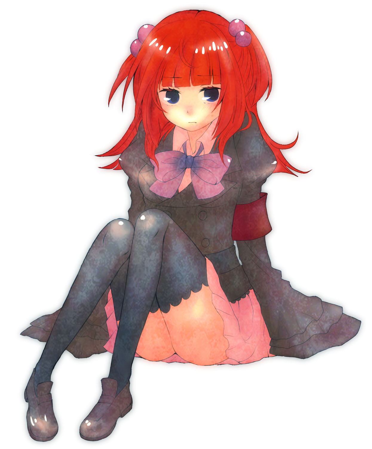 ushiromiya ange, umineko no naku koro ni, highres, 00s, armband, blue eyes, frills, hair bobbles, hair ornament, jacket, necktie, red hair, ribbon, sitting, skirt, solo, thighhighs, twintails, two side up