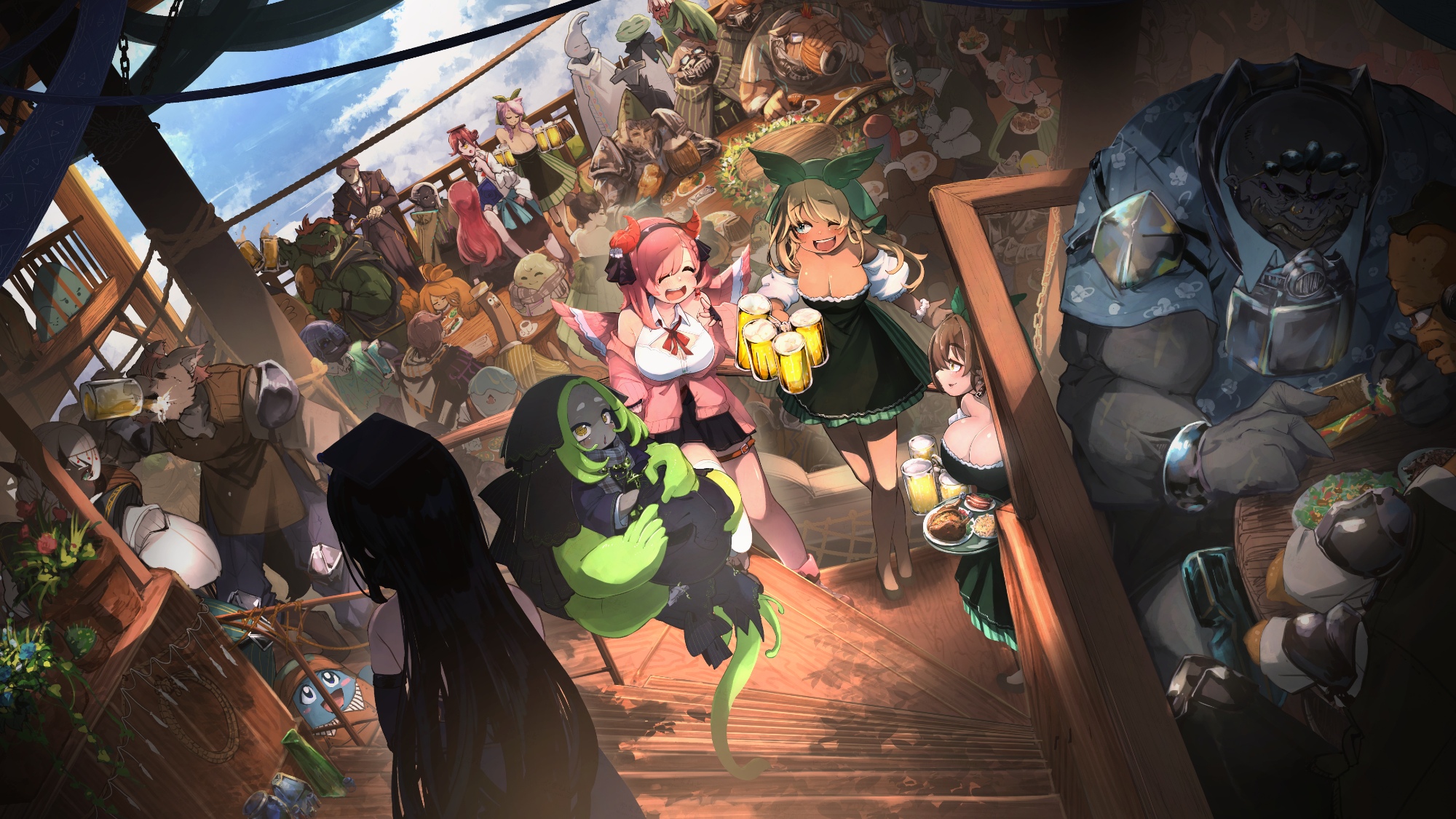 original, commentary request, highres, 6+boys, 6+girls, balancing, beer mug, black hair, breasts, chicken (food), cleavage, closed eyes, closed mouth, crowd, cup, dark-skinned female, dark skin, dress, food, fried chicken, green hair, holding, holding food, holding sandwich, holding tray, jacket, large breasts, long hair, looking at another, medium hair, monster boy, mug, multicolored hair, multiple boys, multiple girls, one eye closed, open mouth, pig boy, pink hair, pink jacket, plant, plate, potted plant, sandwich, short hair, smile, stairs, strapless, strapless dress, tan, tavern, teeth, tray, two-tone hair, upper teeth only, waitress, wolf boy, yamanedo