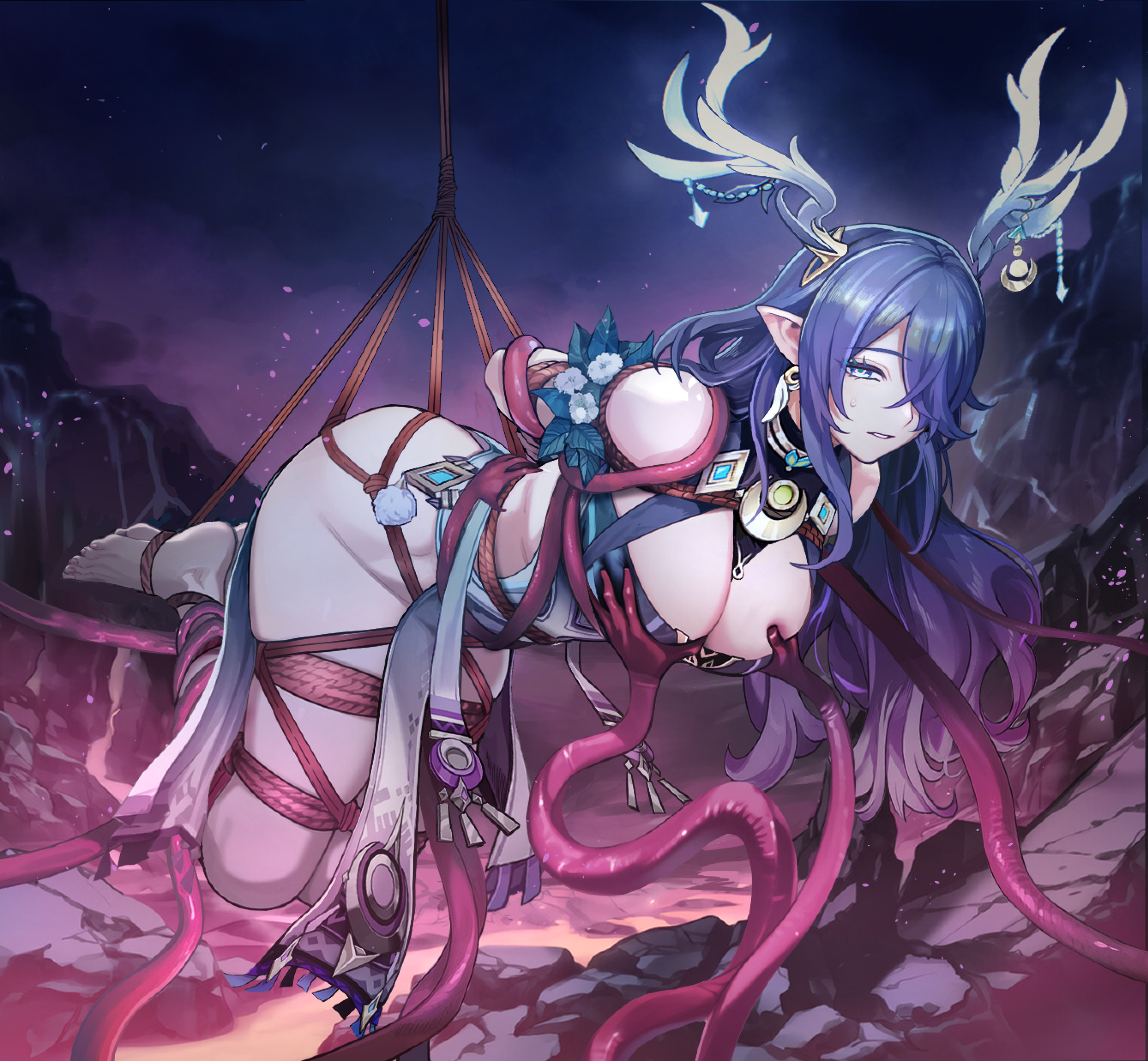 code:074, lauma (genshin impact), genshin impact, absurdres, commentary request, highres, 1girl, antler ornament, antlers, aqua dress, arms behind back, barefoot, bdsm, blue dress, bondage, bound, bound arms, bound legs, deer antlers, deer girl, dress, feet, gold, hair over one eye, hanging, horns, long hair, pointy ears, purple hair, red rope, reindeer girl, restrained, rope, shibari, shibari over clothes, tentacles