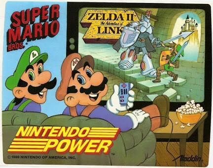 iron knuckle, link, luigi, mario, mario (series), nintendo, nintendo power, super mario bros. 1, the legend of zelda, zelda ii: the adventure of link, official art, 3boys, armor, black hair, blue eyes, brothers, brown hair, cape, castle, controller, elf, facial hair, food, game controller, grin, looking at viewer, multiple boys, mustache, overalls, palace, pointy ears, popcorn, shield, siblings, sitting, smile, sword, tunic, weapon