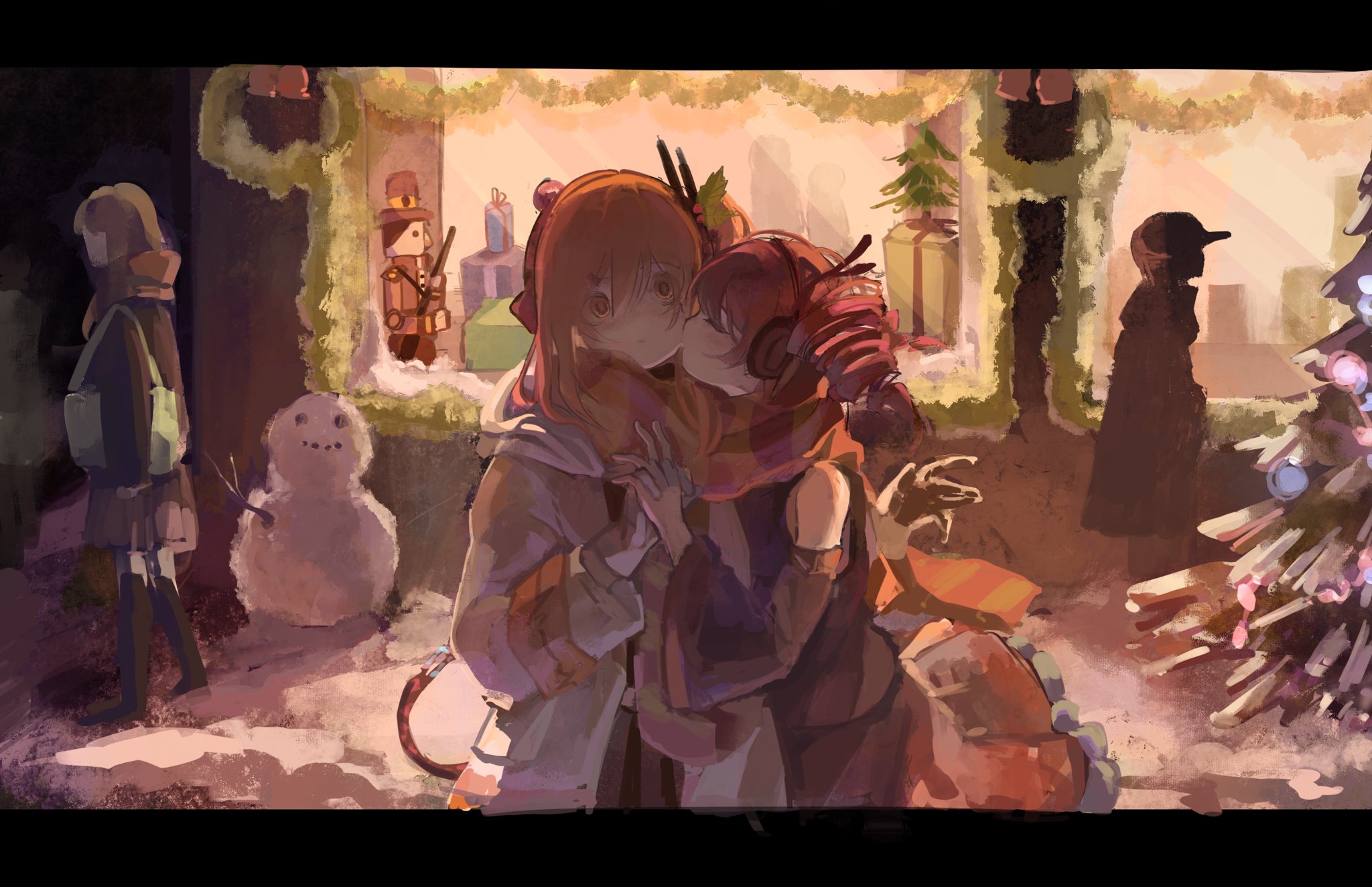 mao206327, adachi rei, kasane teto, a.i. voice, utau, hashtag-only commentary, highres, 2girls, :o, black shirt, black skirt, black sleeves, blush, christmas, christmas tree, closed eyes, detached sleeves, drill hair, headphones, holding hands, hood, hooded jacket, jacket, kiss, kissing cheek, letterboxed, long sleeves, medium hair, multiple girls, night, orange eyes, orange hair, orange scarf, outdoors, parted lips, people, red hair, scarf, shared clothes, shared scarf, shirt, skirt, snow, snowman, striped clothes, striped scarf, twin drills, vertical-striped clothes, vertical-striped scarf, white jacket, winter, yuri