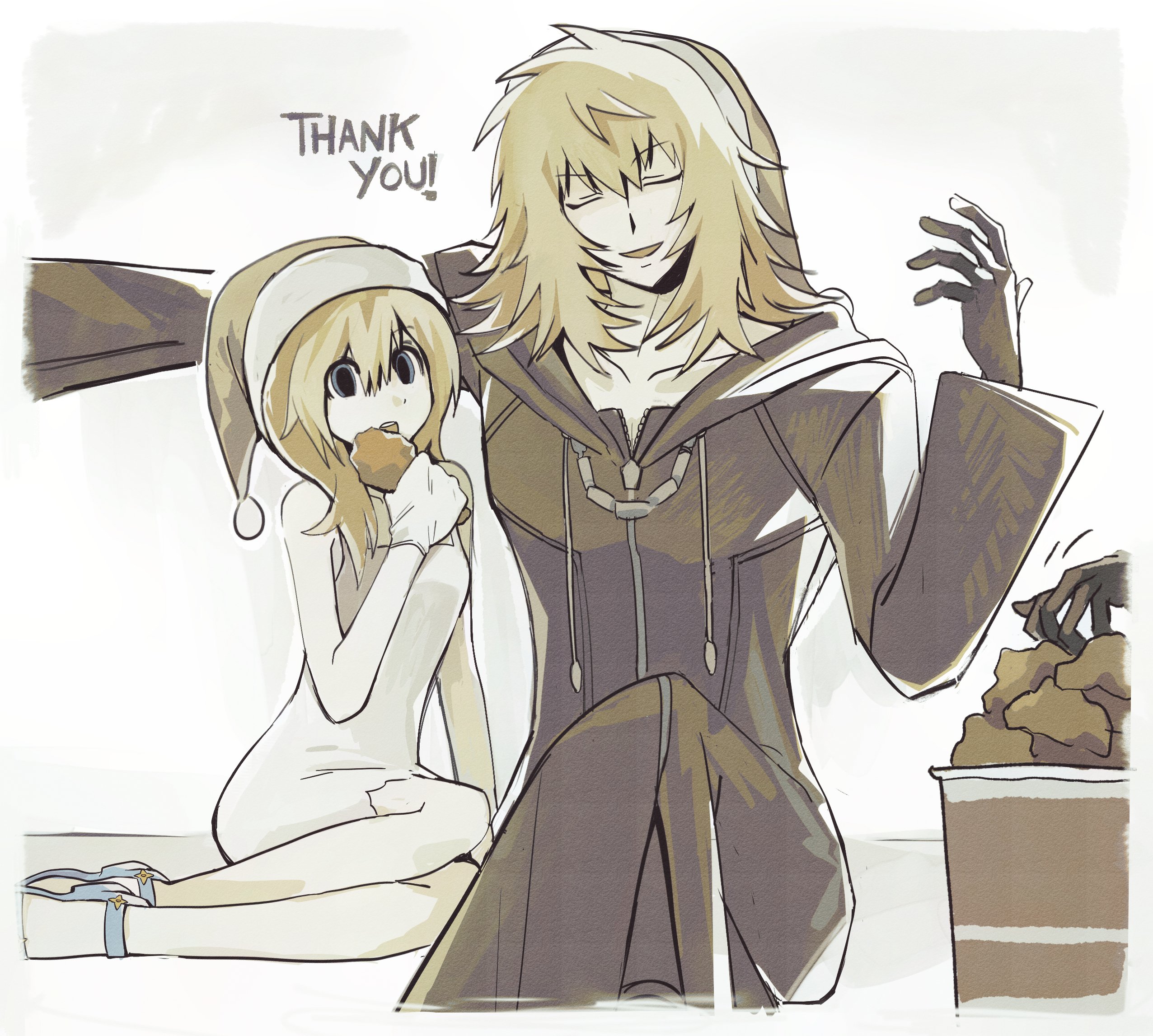 marluxia, namine, organization xiii, kingdom hearts, highres, 181395e, 1boy, 1girl, black coat (kingdom hearts), black gloves, blue eyes, chicken (food), chicken leg, closed eyes, dress, eating, english text, food, fried chicken, gloves, hat, holding, holding food, long hair, open mouth, sandals, santa hat, sitting, smile, thank you, white dress, white gloves, zipper