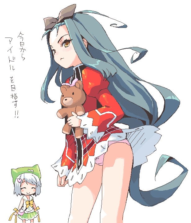 amano yuu, kanae (vanpri), lilith (vanpri), vanguard princess, 2girls, :<, flat chest, long hair, multiple girls, oekaki, panties, pantyshot, rboon, ribbon, short hair, simple background, smile, stuffed animal, stuffed toy, teddy bear, underwear, very long hair, white background, white hair, yellow eyes, yellow theme